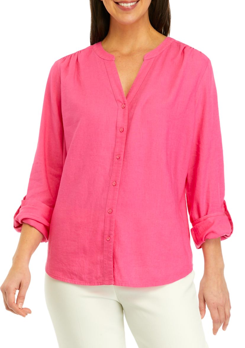 Womens Roll Tab Linen Henley Shirt