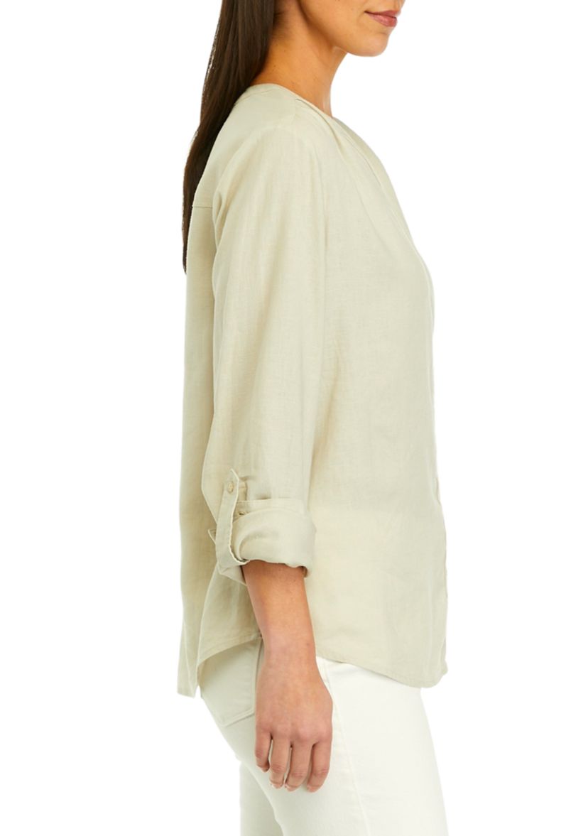 Womens Roll Tab Linen Henley Shirt