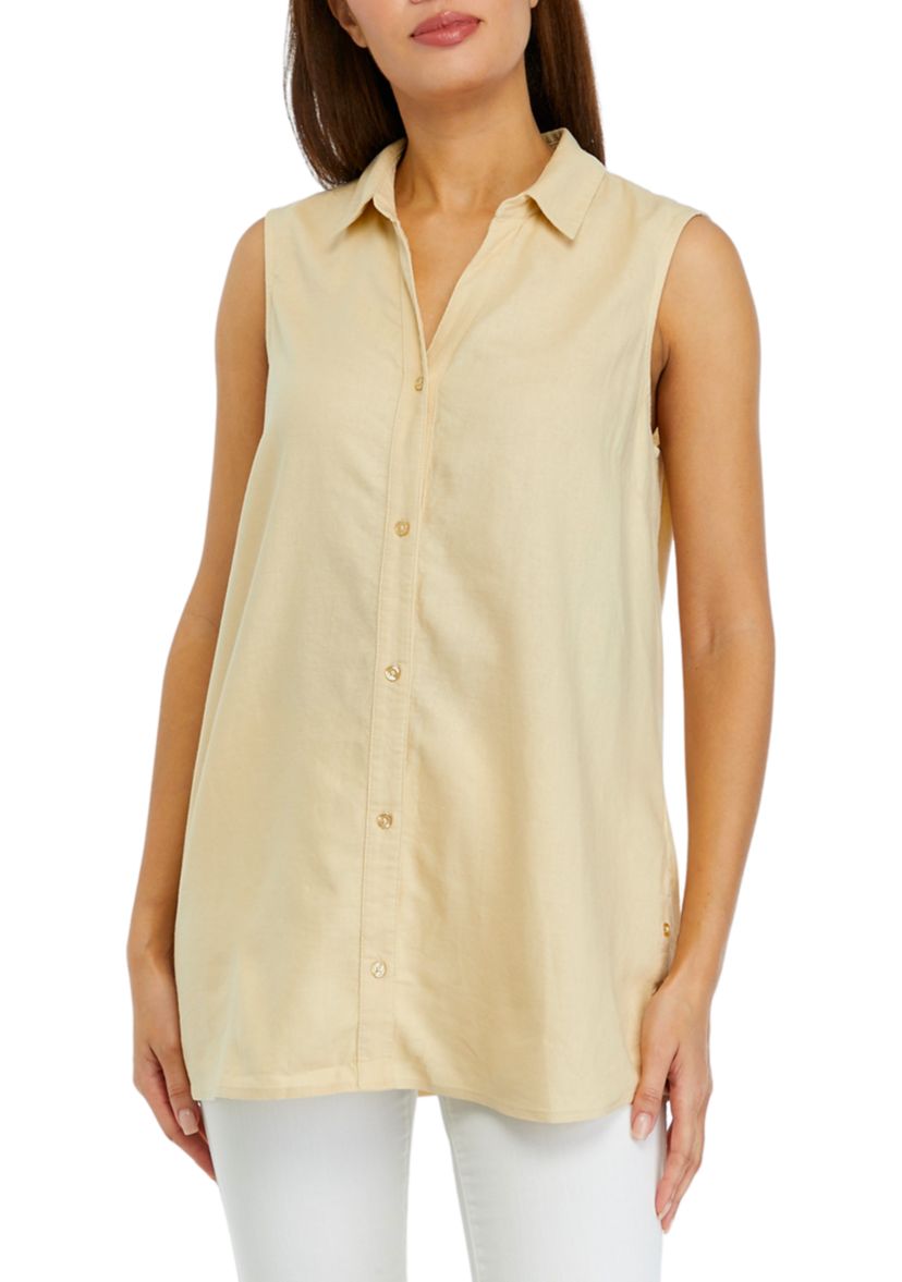 Womens Sleeveless Side Button Linen Tunic