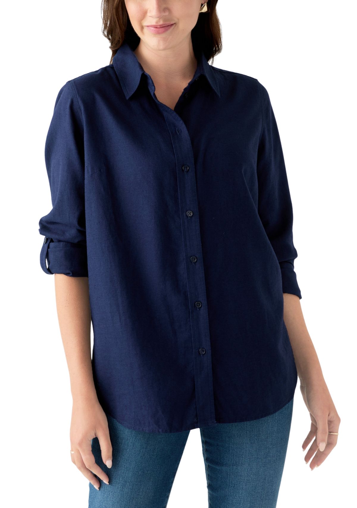 Womens Roll Tab Linen Button Down Shirt