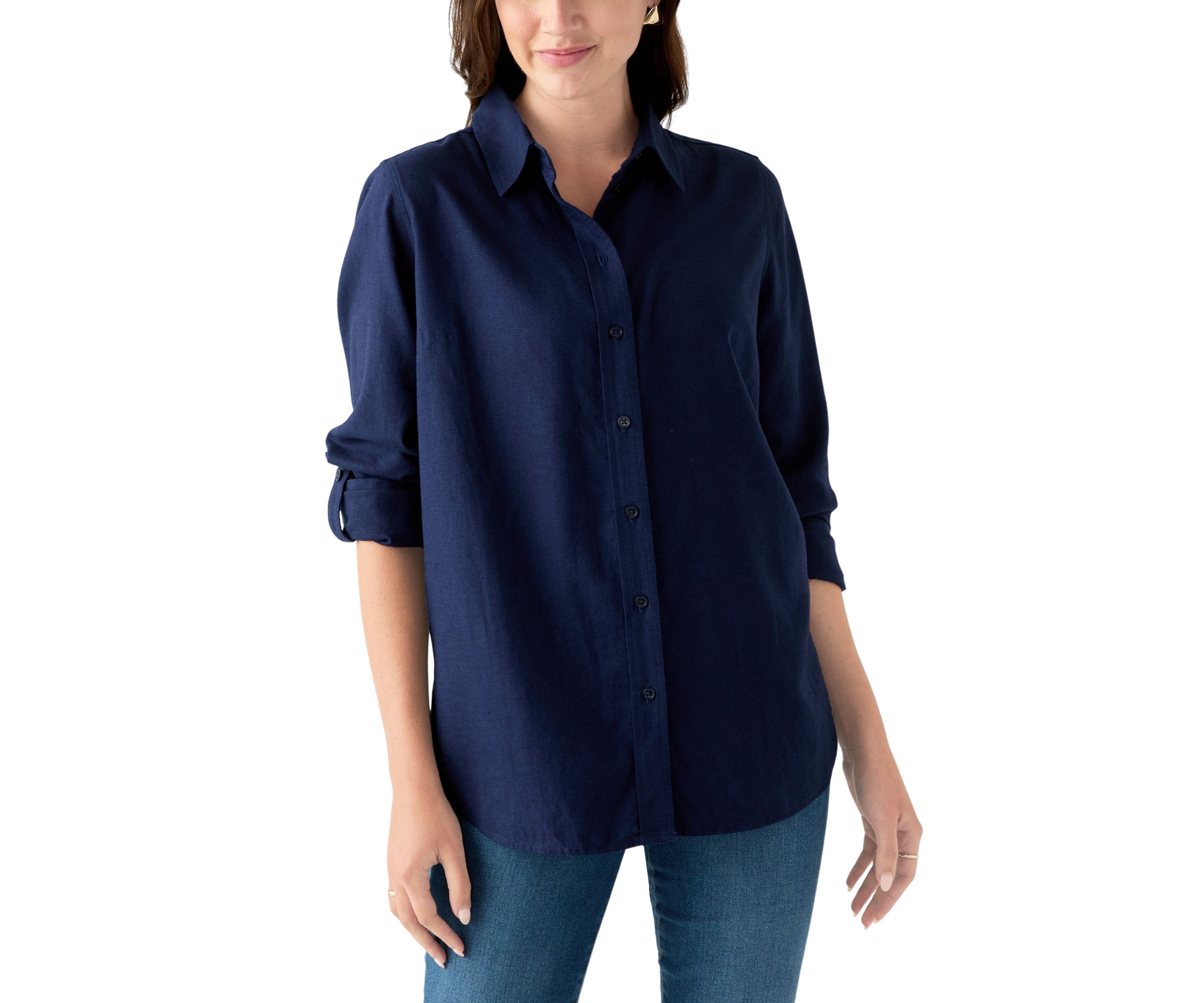 Womens Roll Tab Linen Button Down Shirt