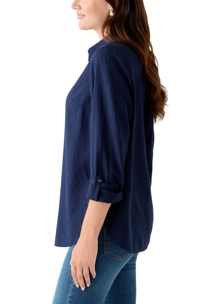 Womens Roll Tab Linen Button Down Shirt