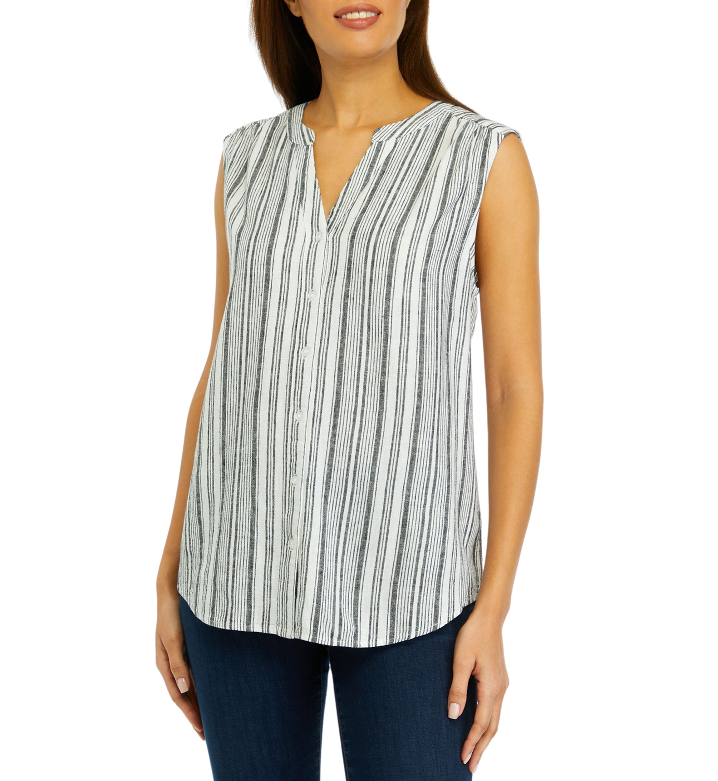 	  Womens Sleeveless Striped Linen Top 