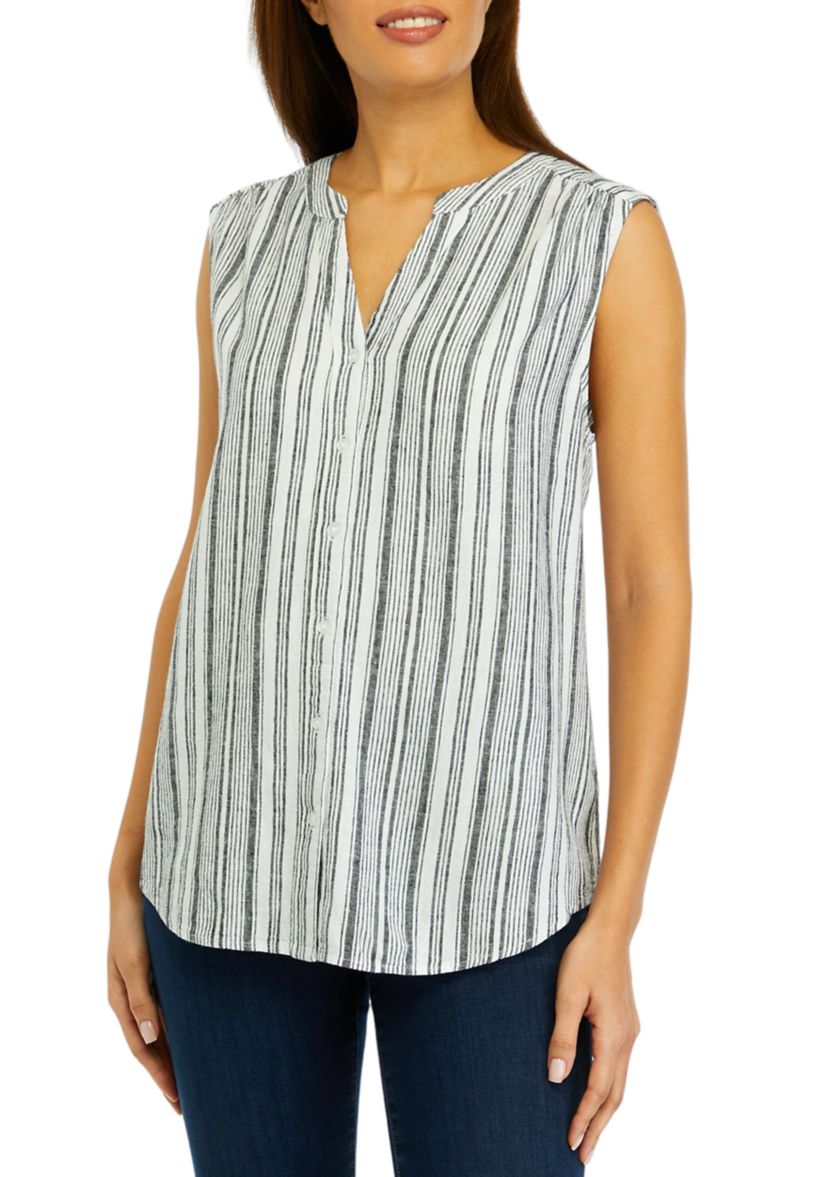 	  Womens Sleeveless Striped Linen Top 