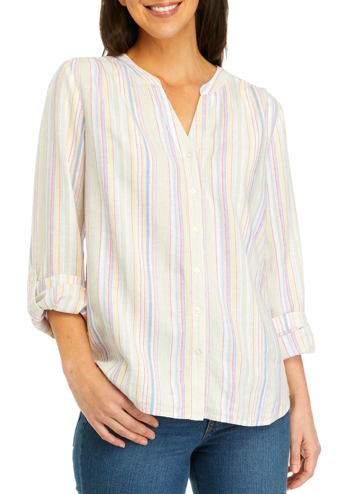 Womens Roll Tab Linen Striped Henley Top