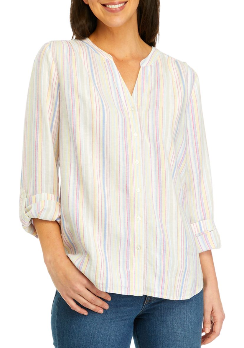 Womens Roll Tab Linen Striped Henley Top