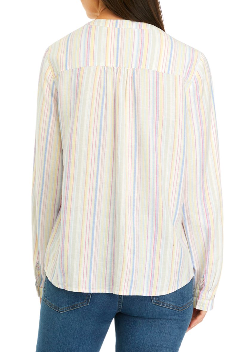 Womens Roll Tab Linen Striped Henley Top