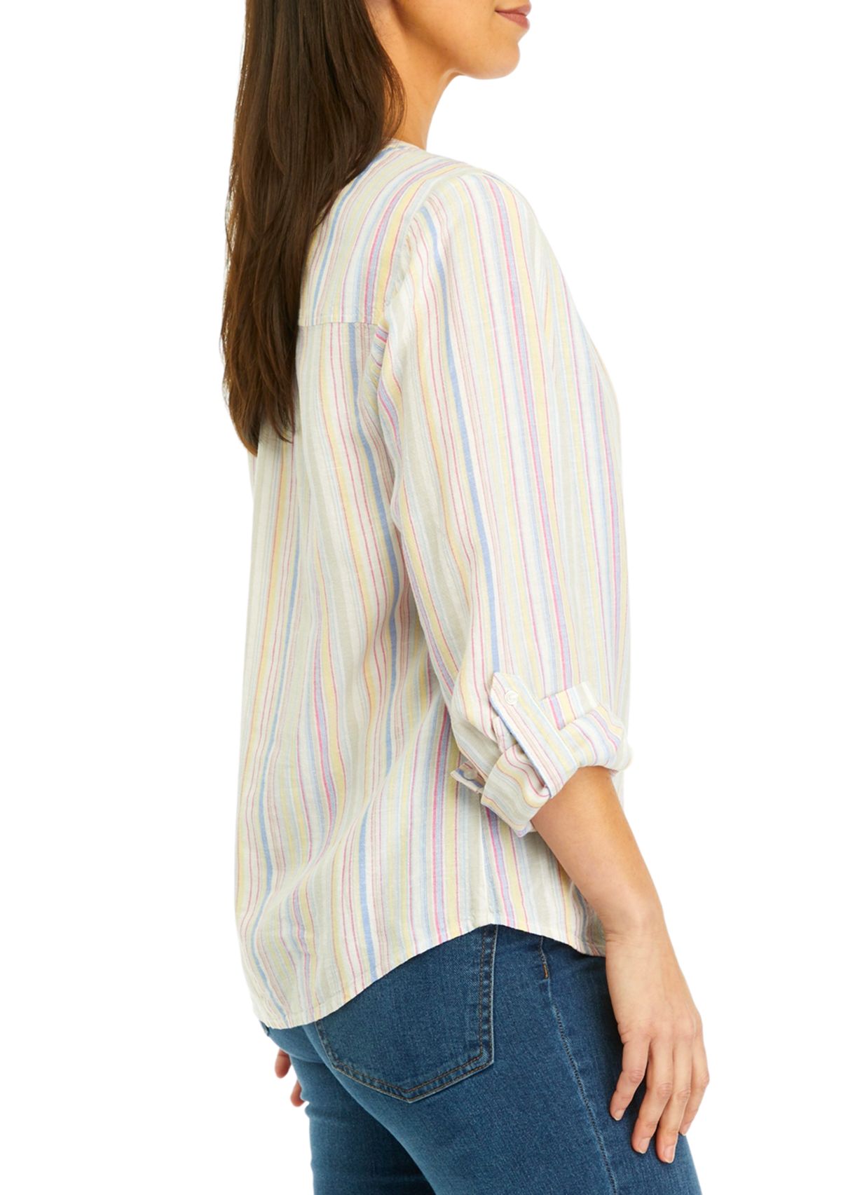 Womens Roll Tab Linen Striped Henley Top
