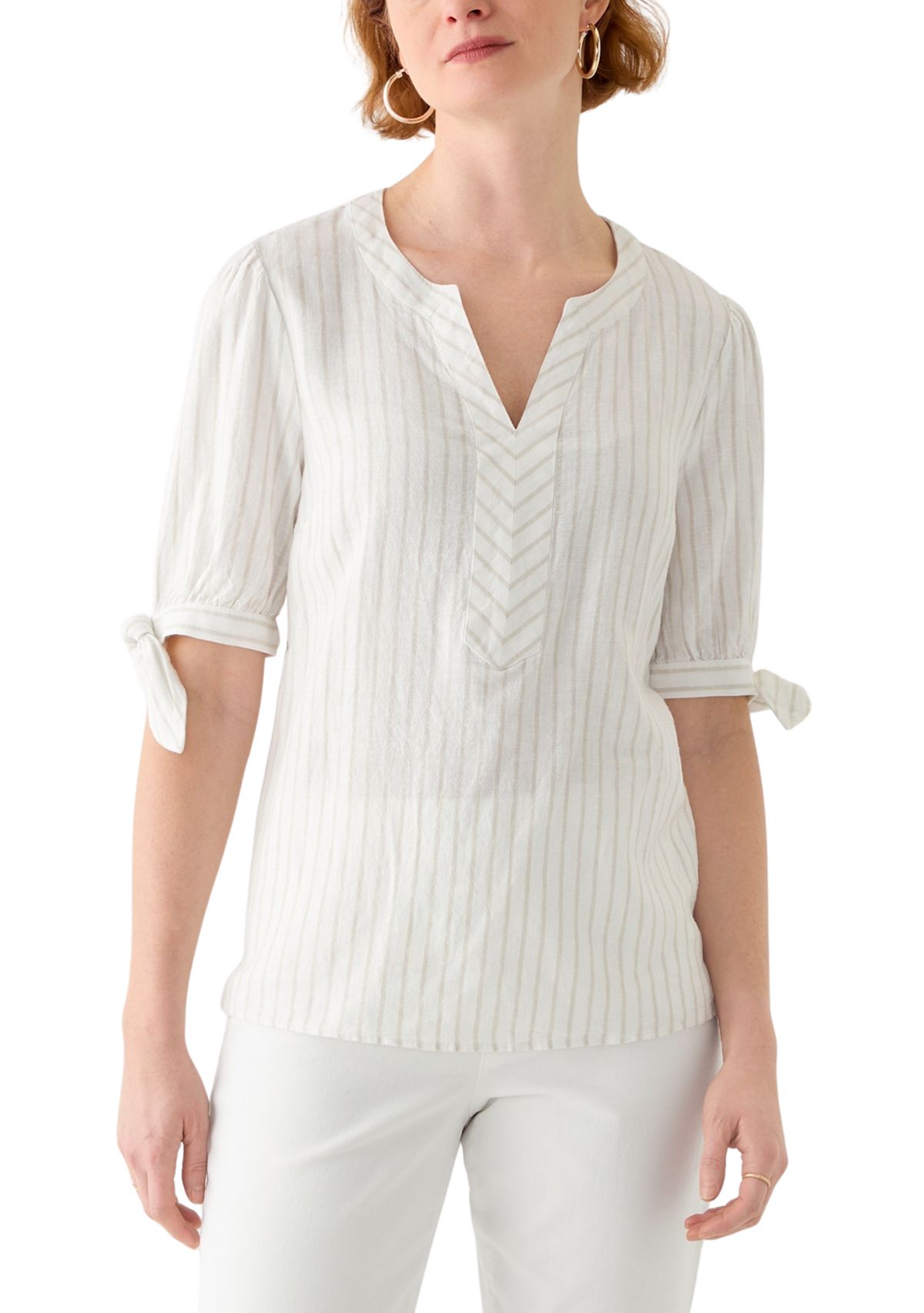 Womens Elbow Sleeve Tie Detail Linen Top