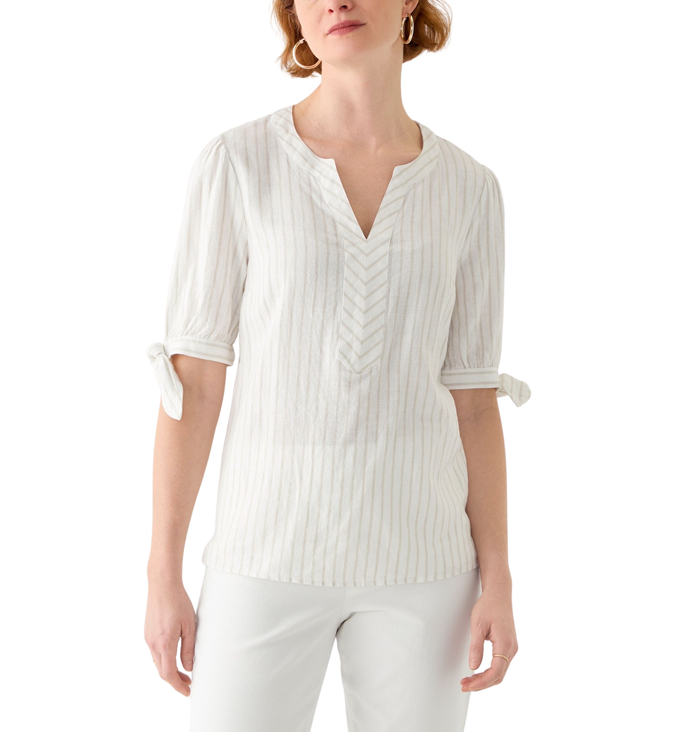 Womens Elbow Sleeve Tie Detail Linen Top