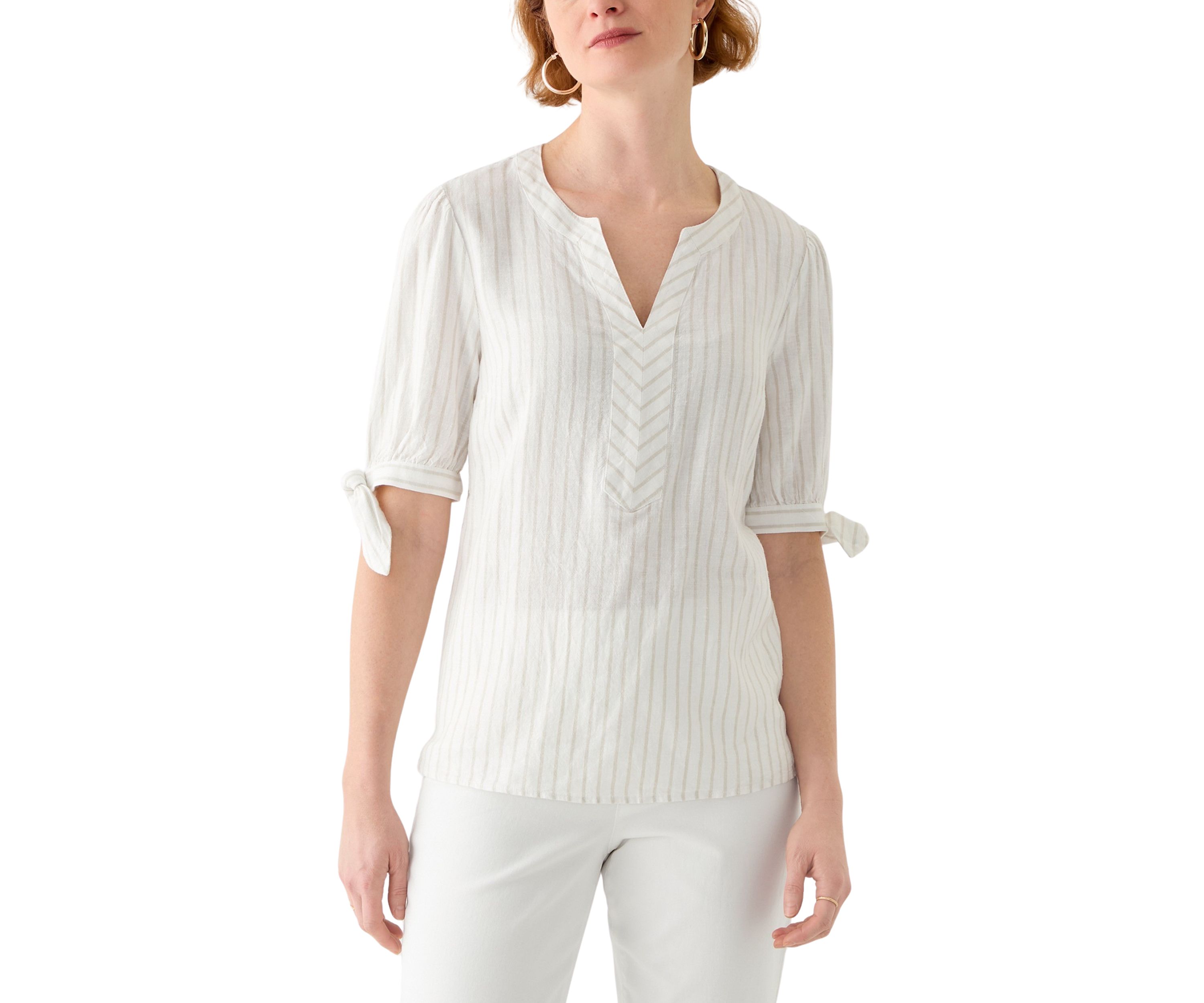 Womens Elbow Sleeve Tie Detail Linen Top