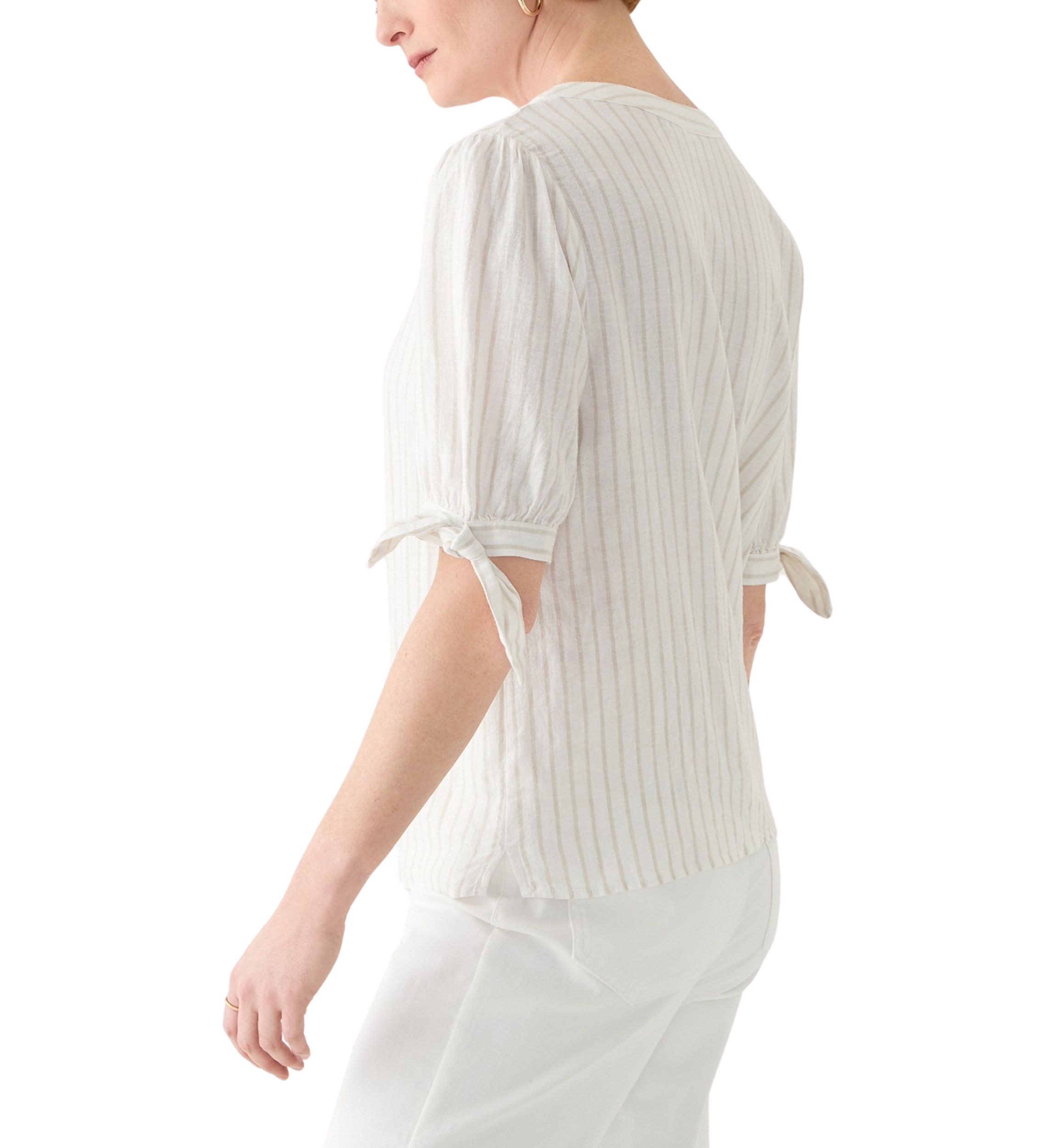 Womens Elbow Sleeve Tie Detail Linen Top