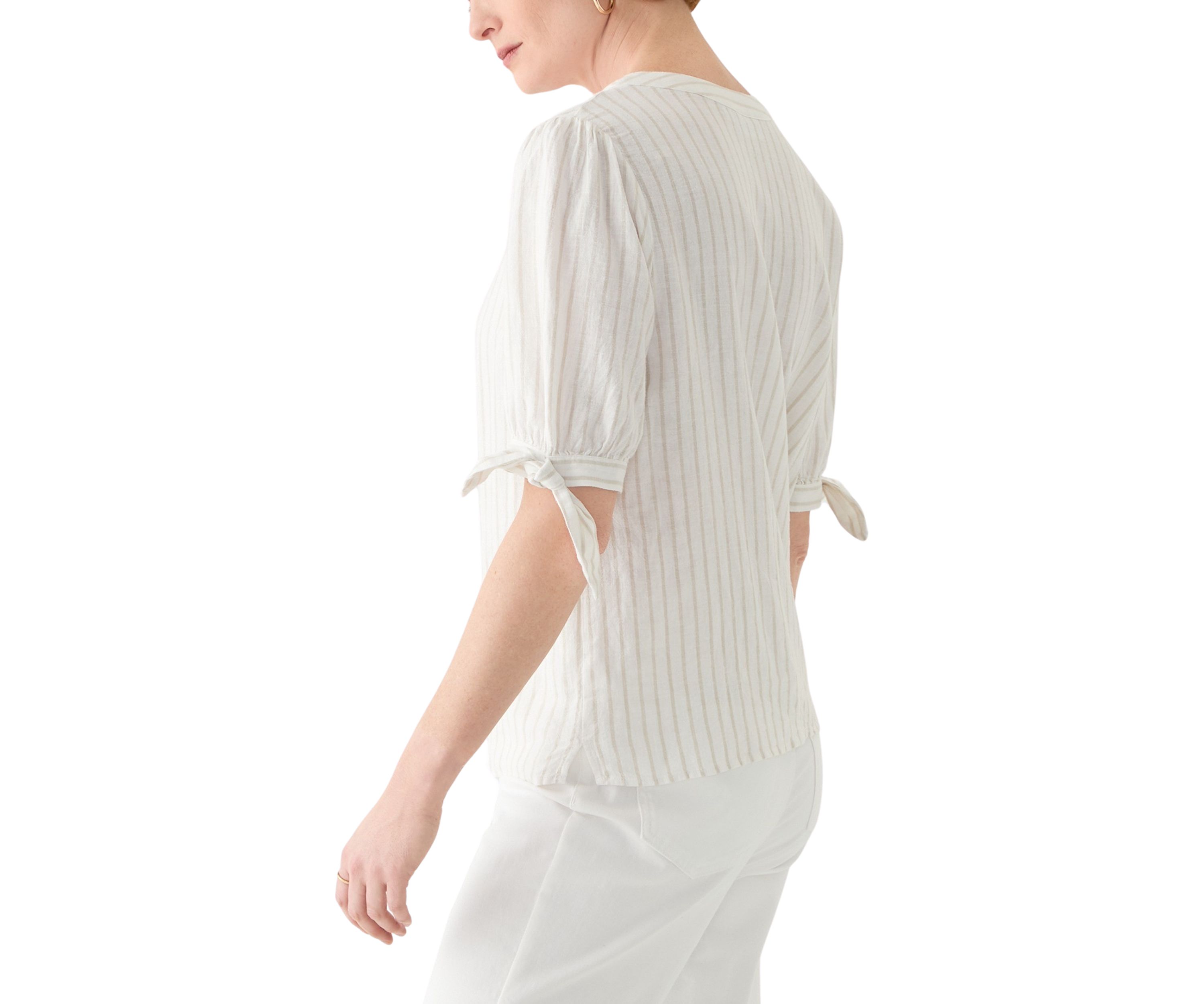 Womens Elbow Sleeve Tie Detail Linen Top