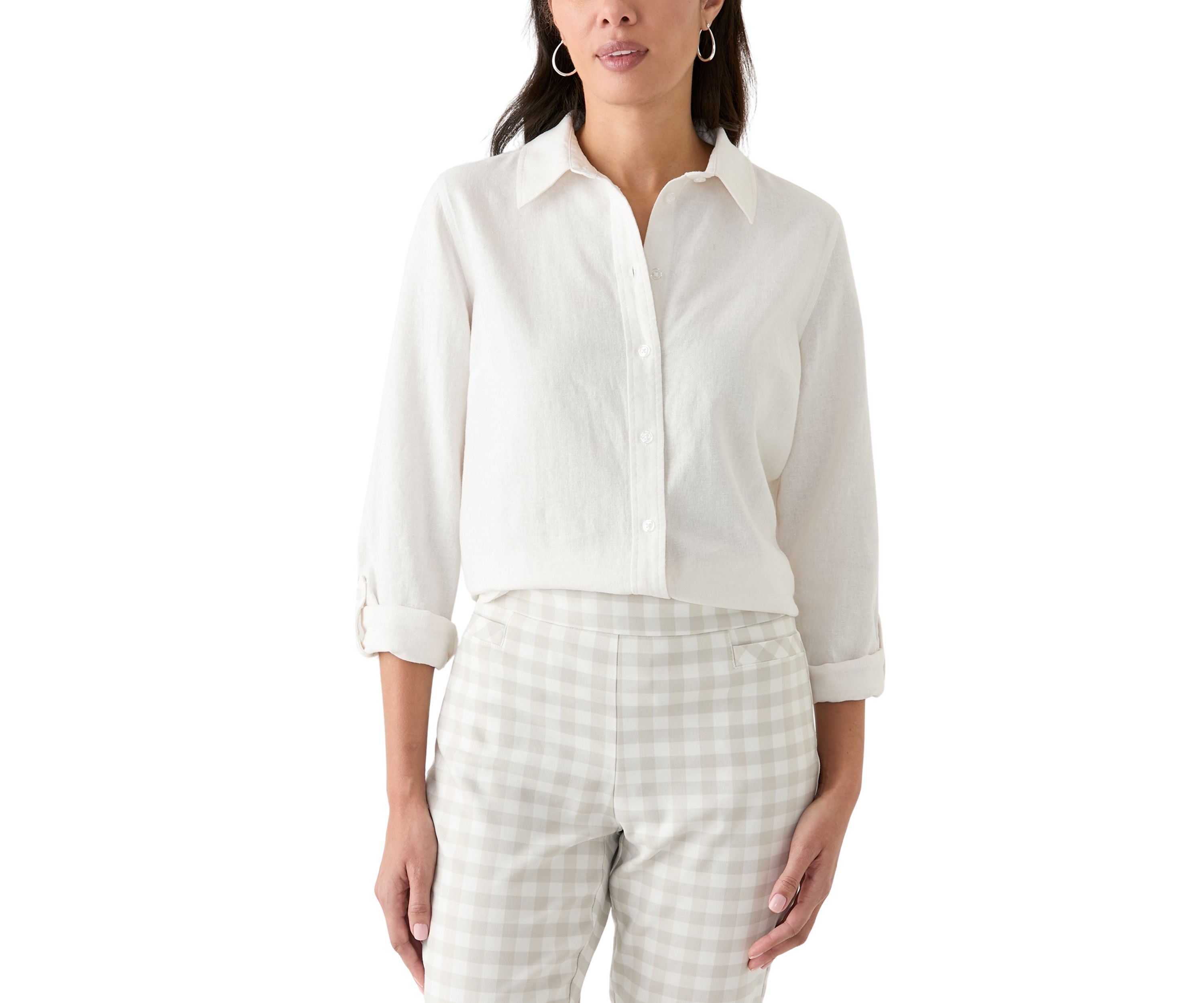 Womens Roll Tab Linen Button Down Shirt