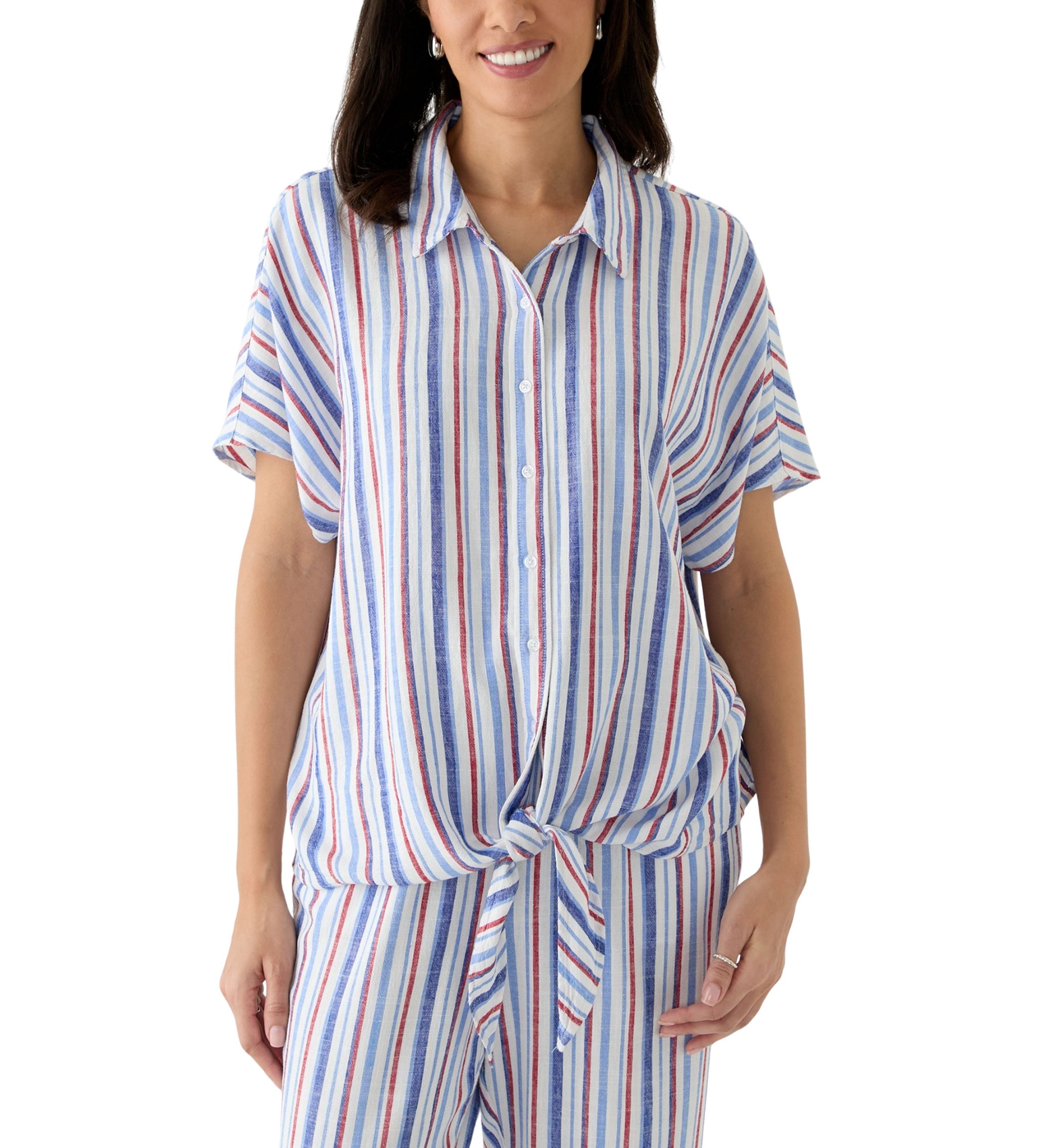 Womens Striped Button Down Tie Front Shirt 