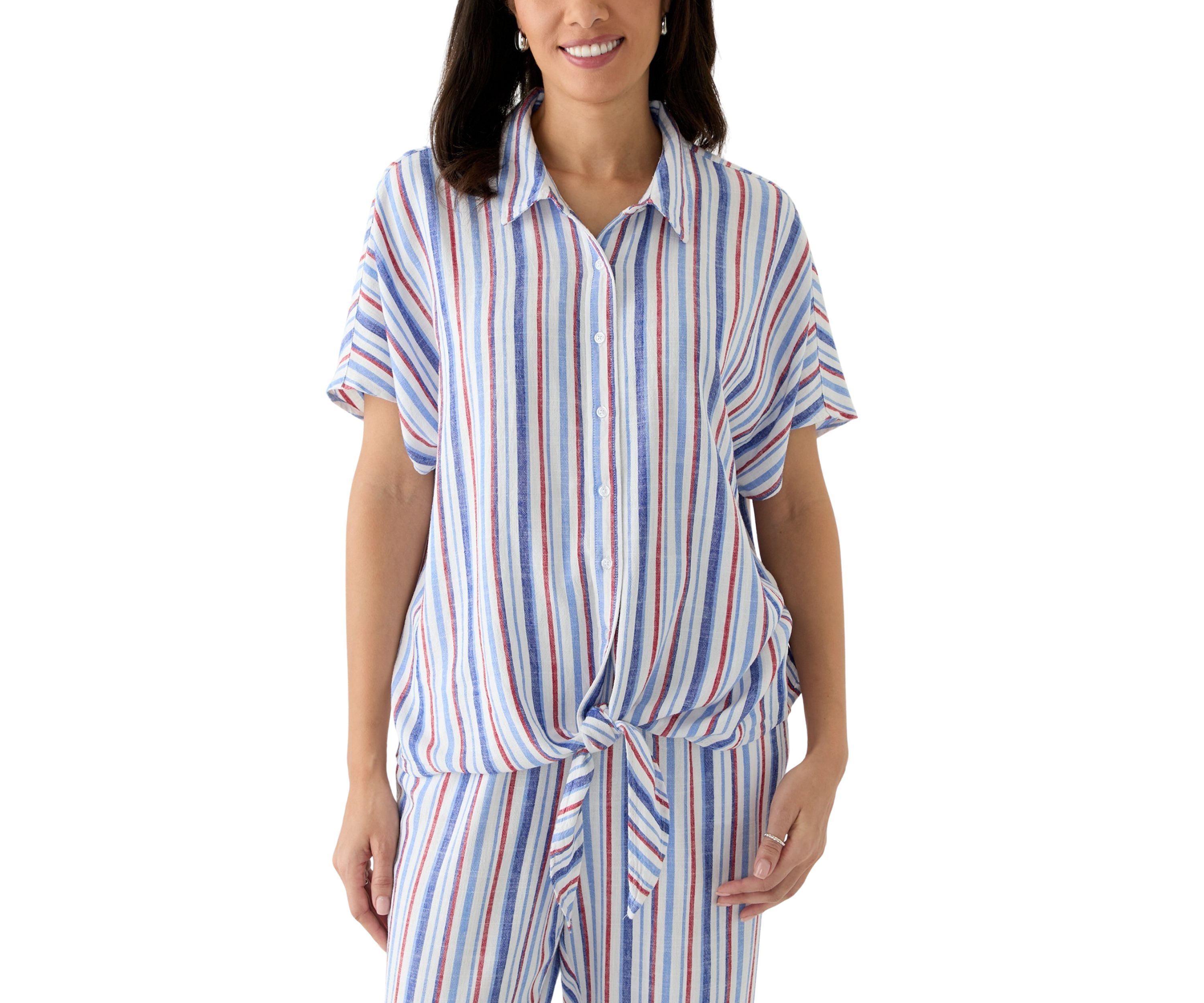 Womens Striped Button Down Tie Front Shirt 