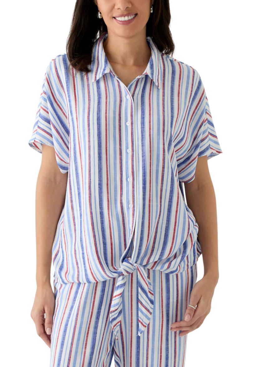 Womens Striped Button Down Tie Front Shirt 