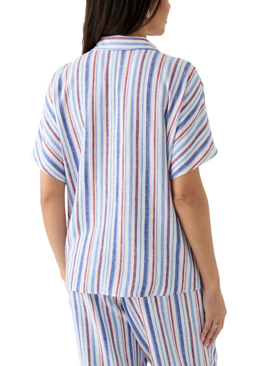 Womens Striped Button Down Tie Front Shirt 