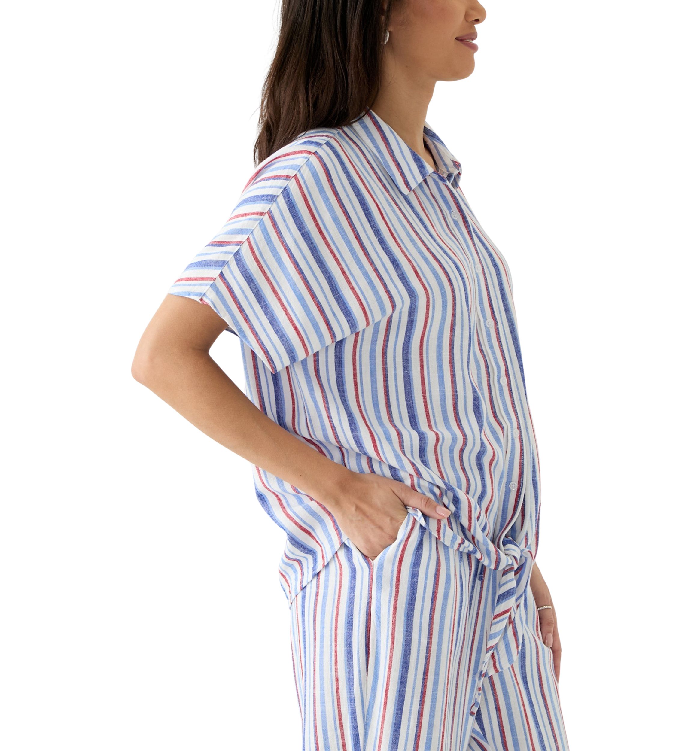 Womens Striped Button Down Tie Front Shirt 