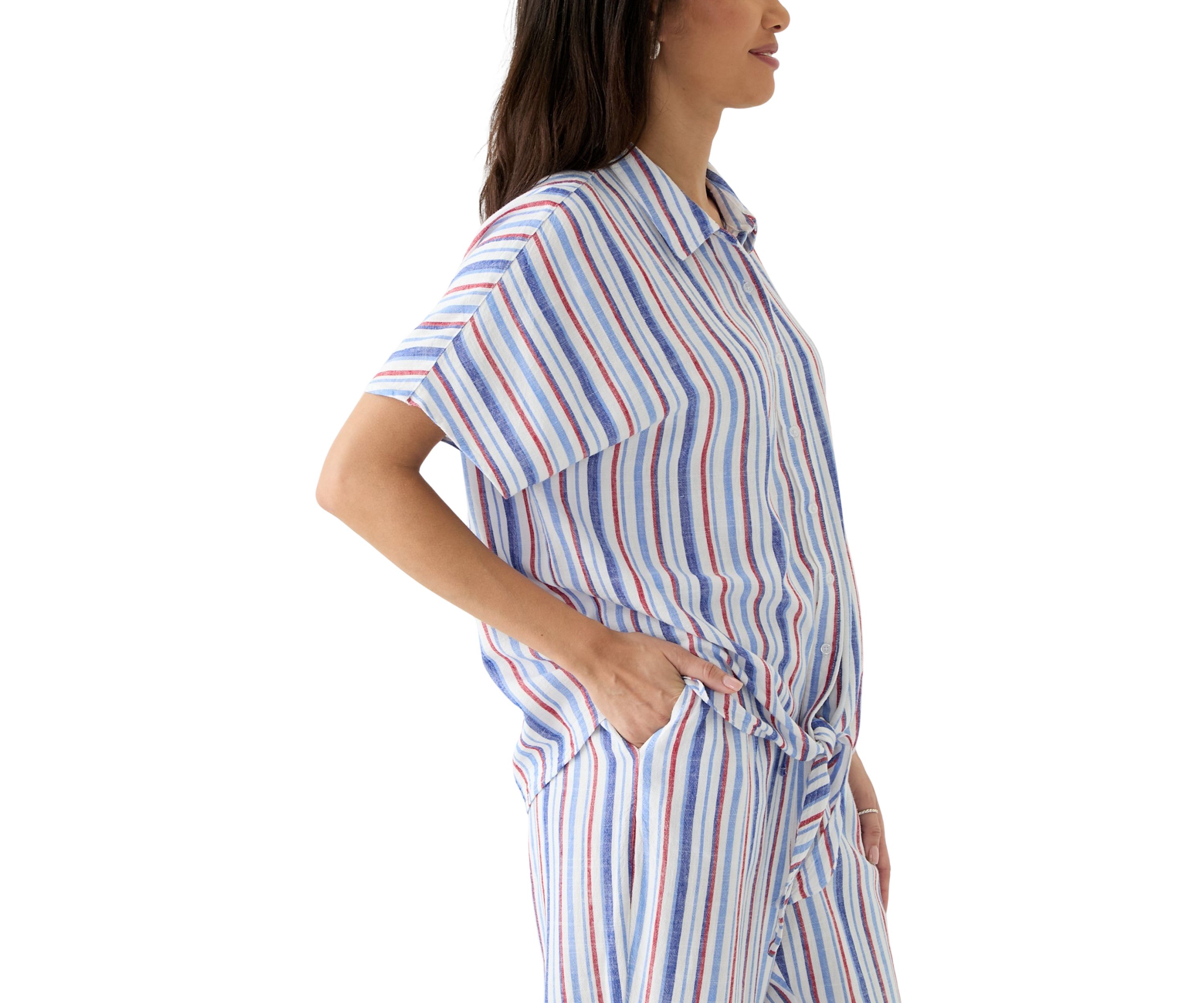 Womens Striped Button Down Tie Front Shirt 