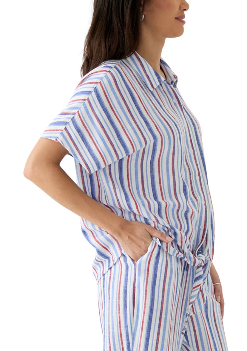 Womens Striped Button Down Tie Front Shirt 