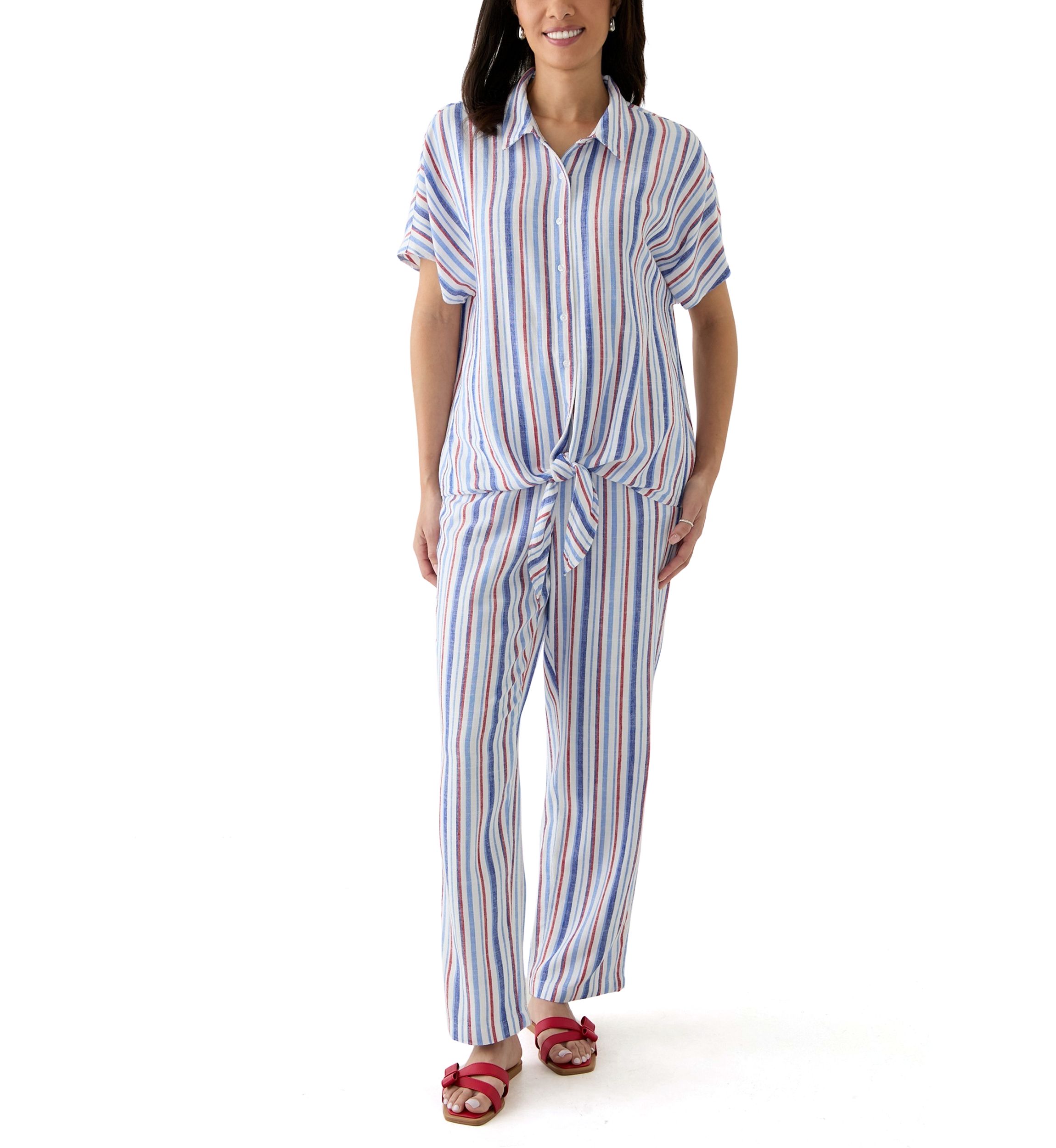 Womens Striped Button Down Tie Front Shirt 