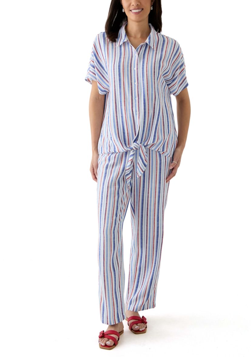 Womens Striped Button Down Tie Front Shirt 