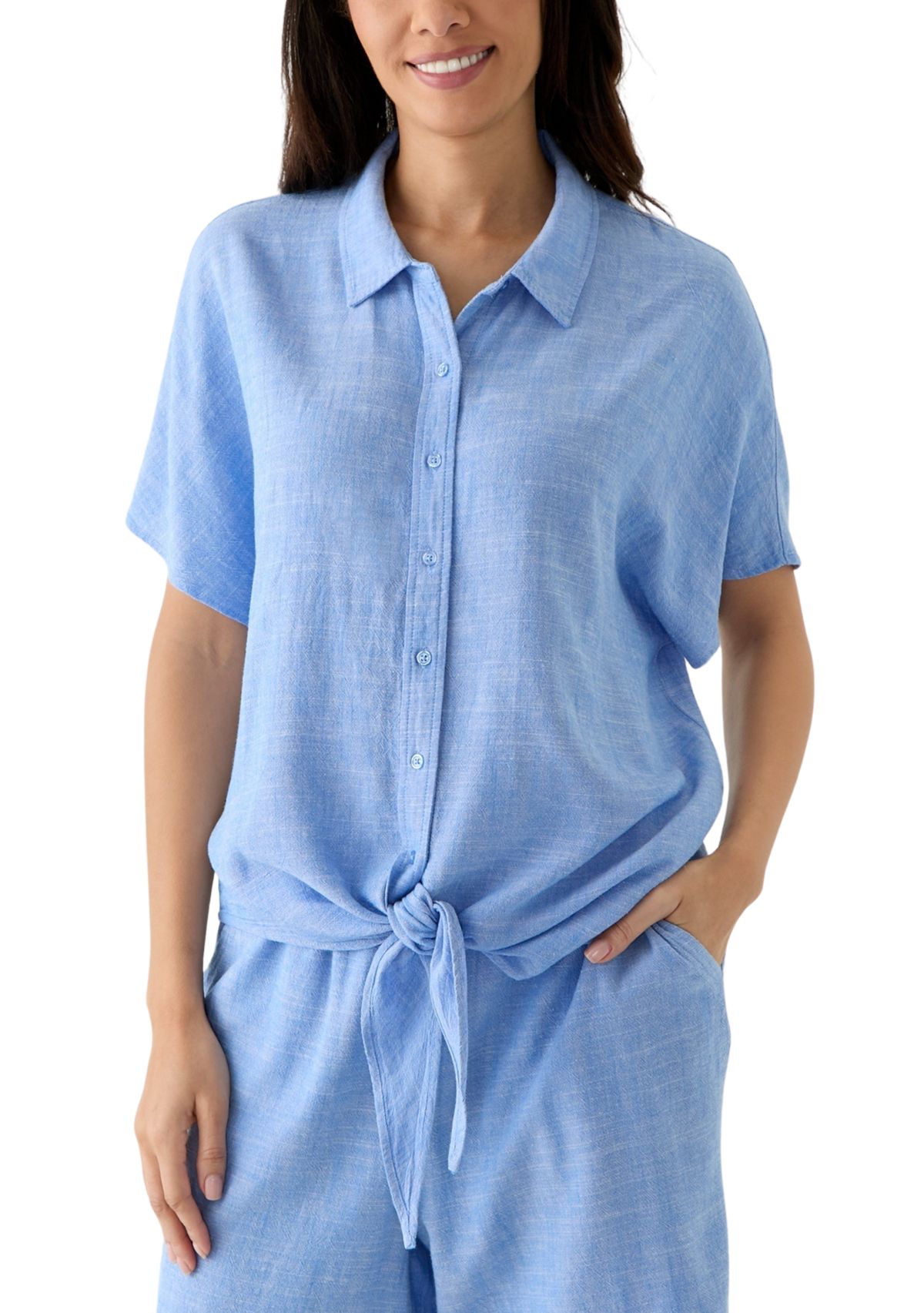 Womens Short Sleeve Tie Front Cross Dyed Shirt