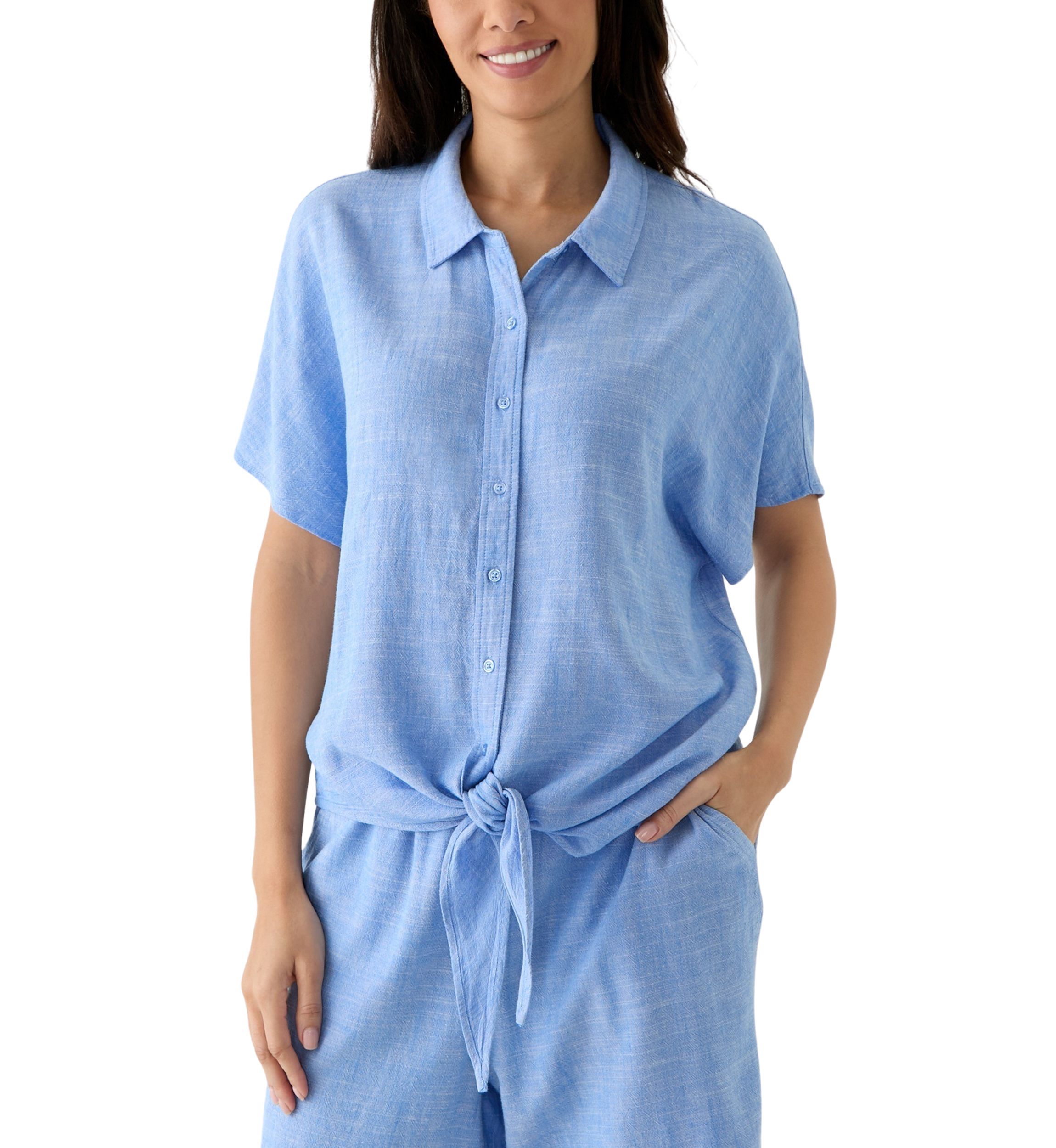 Womens Short Sleeve Tie Front Cross Dyed Shirt