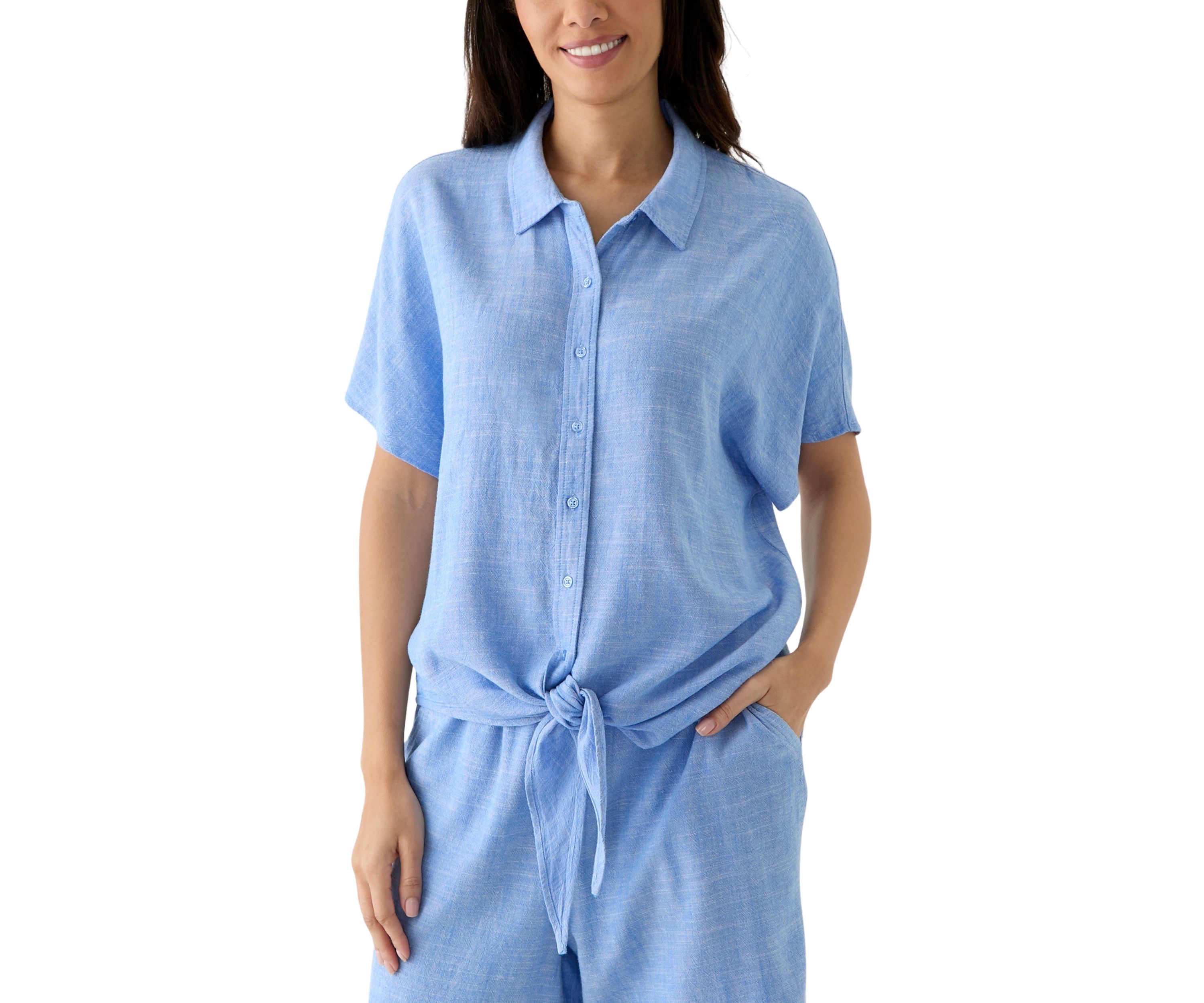 Womens Short Sleeve Tie Front Cross Dyed Shirt