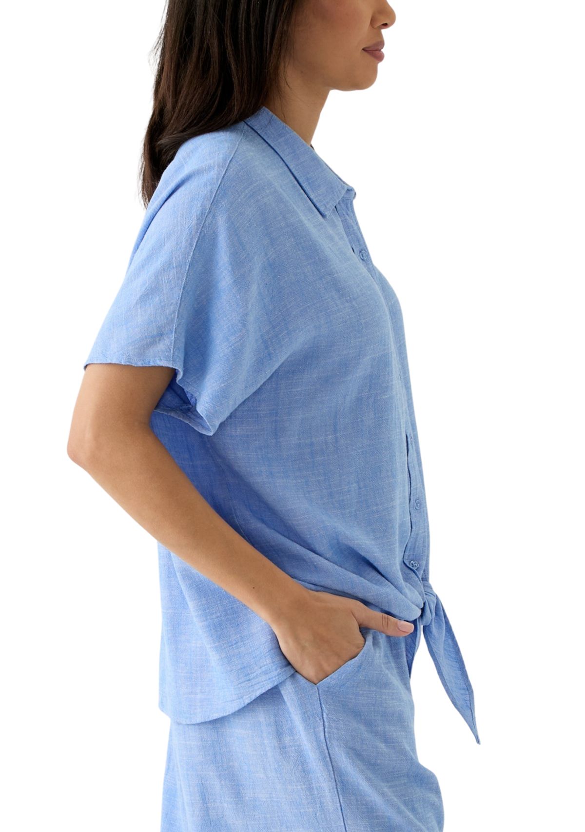 Womens Short Sleeve Tie Front Cross Dyed Shirt