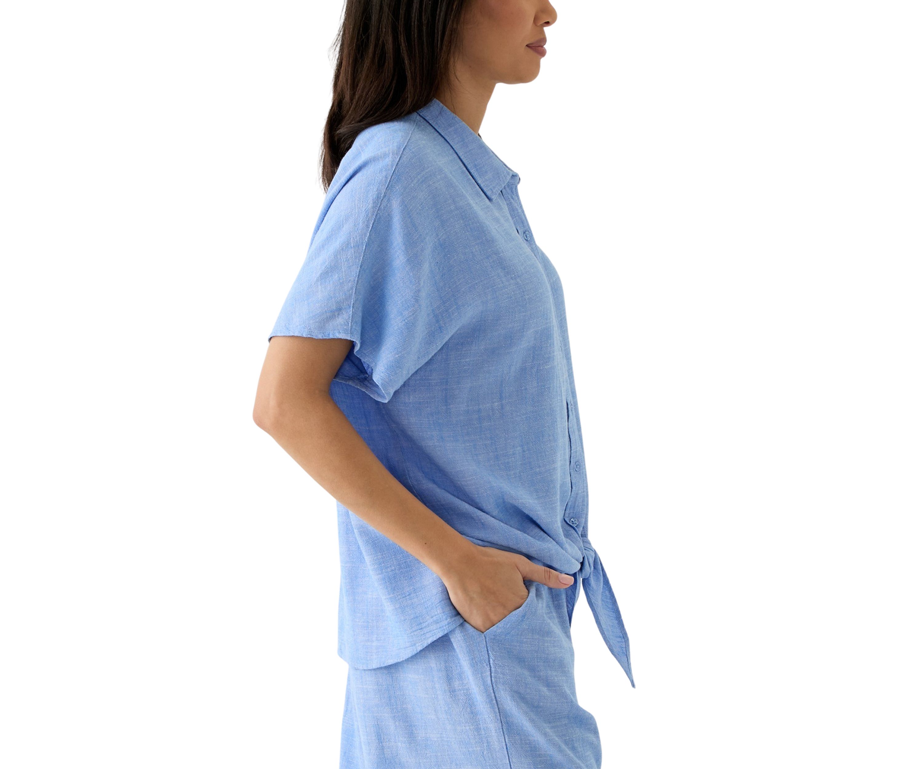 Womens Short Sleeve Tie Front Cross Dyed Shirt