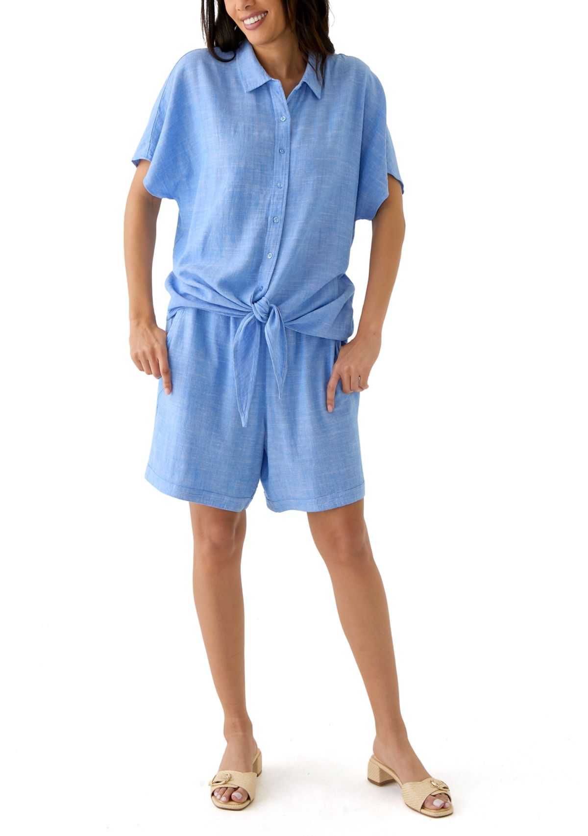 Womens Short Sleeve Tie Front Cross Dyed Shirt