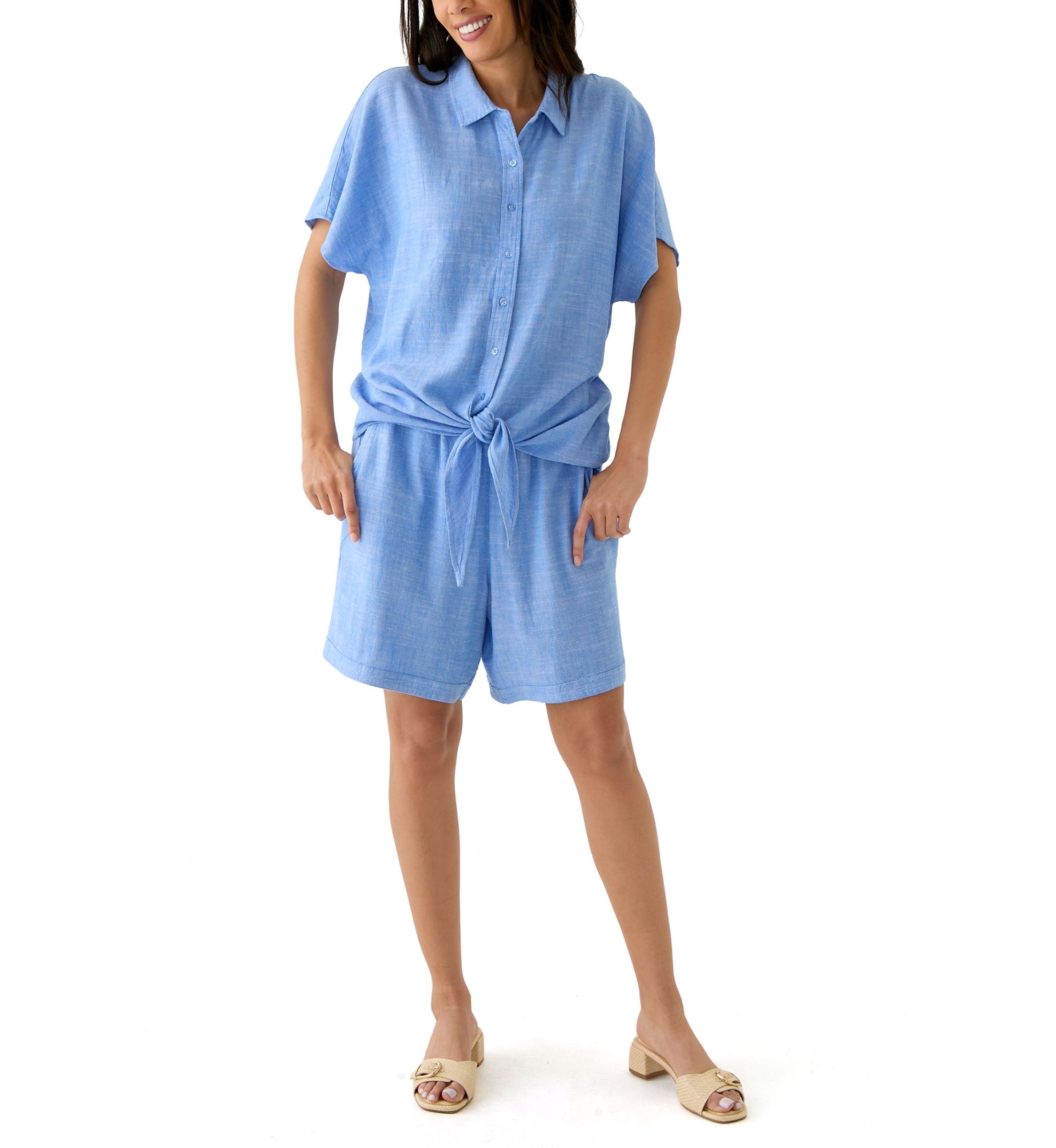 Womens Short Sleeve Tie Front Cross Dyed Shirt