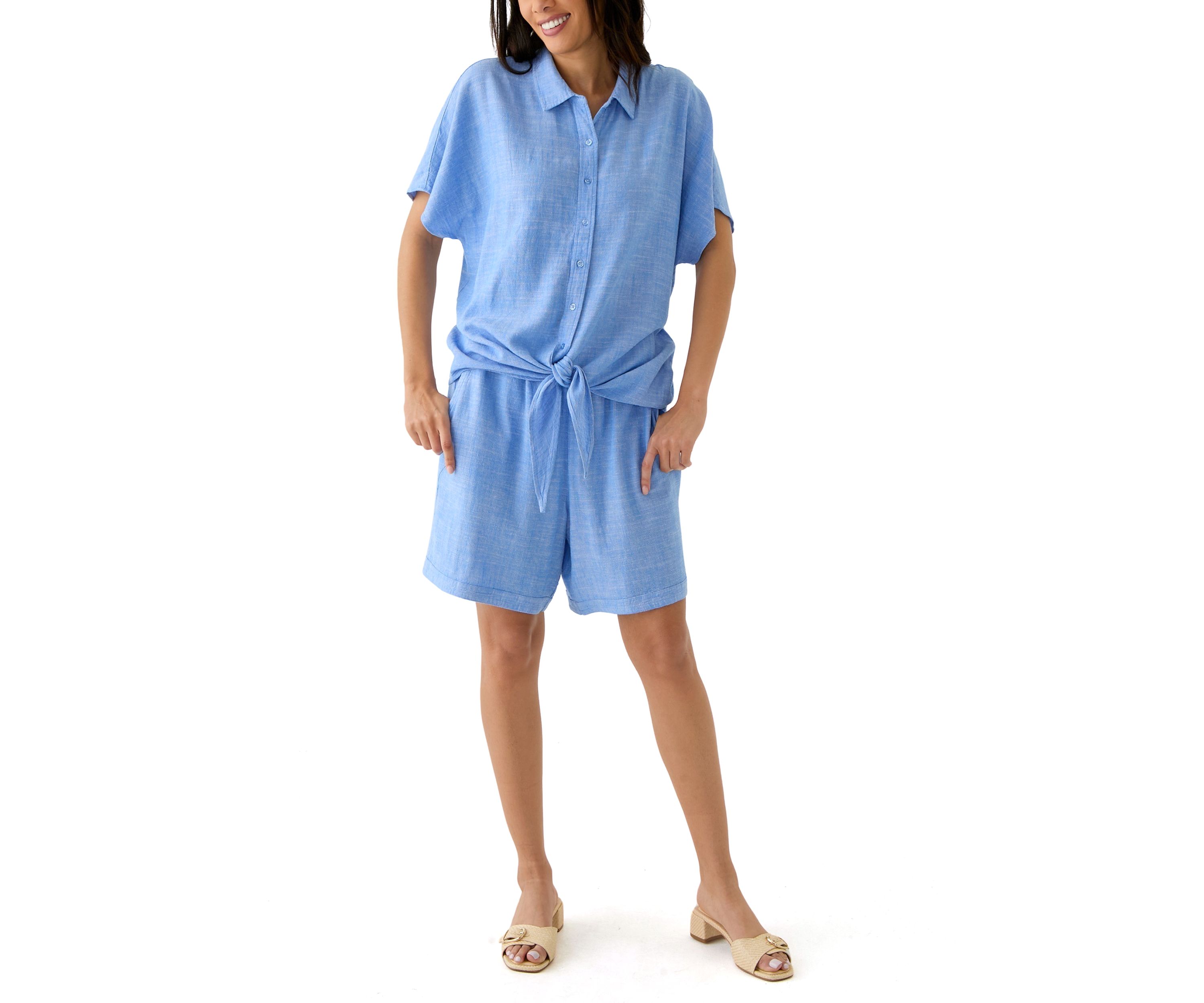 Womens Short Sleeve Tie Front Cross Dyed Shirt