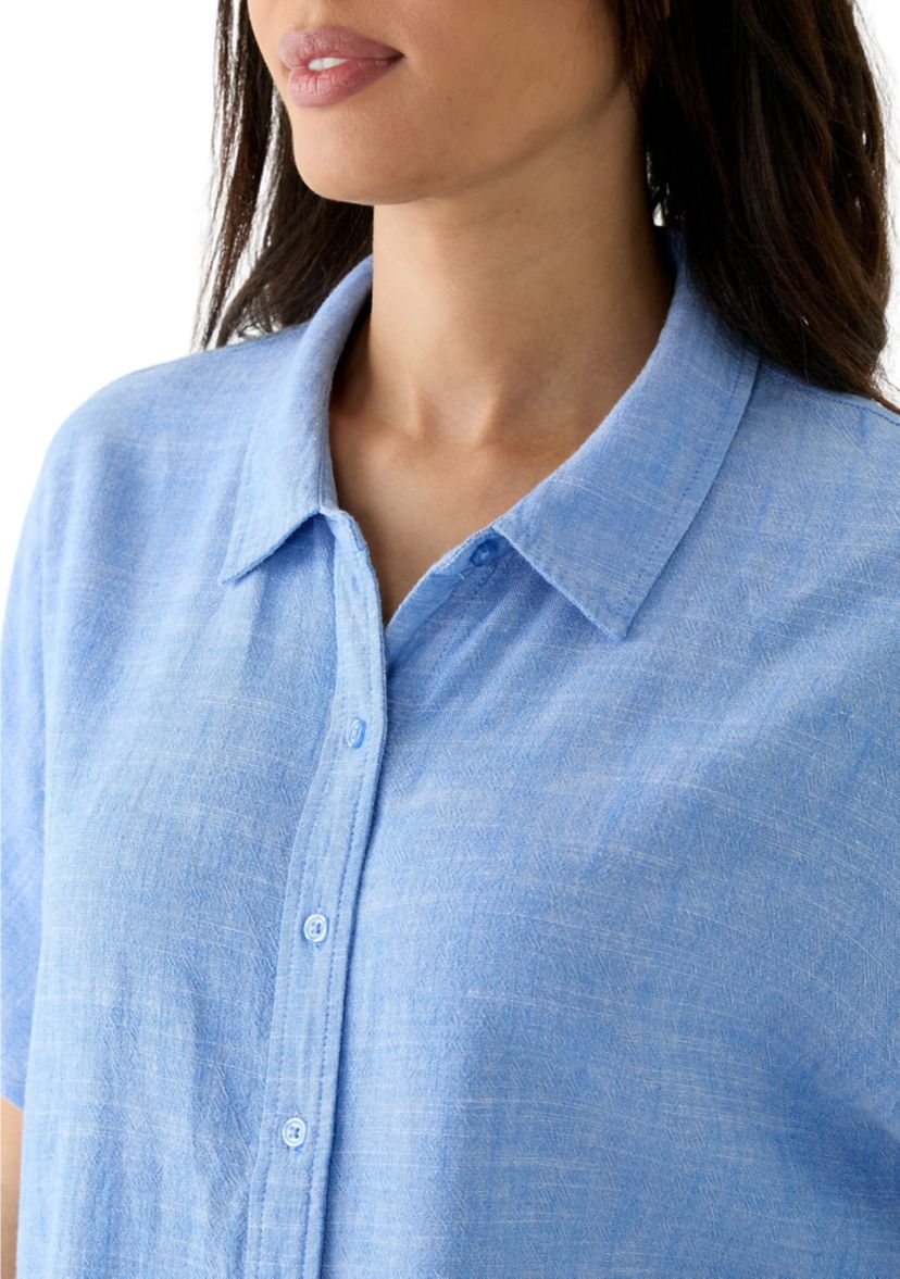 Womens Short Sleeve Tie Front Cross Dyed Shirt