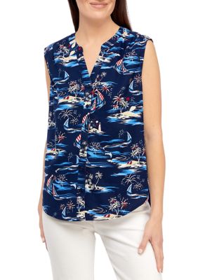 Kim Rogers Women's Petite Sleeveless Printed Woven Linen Blouse, PS