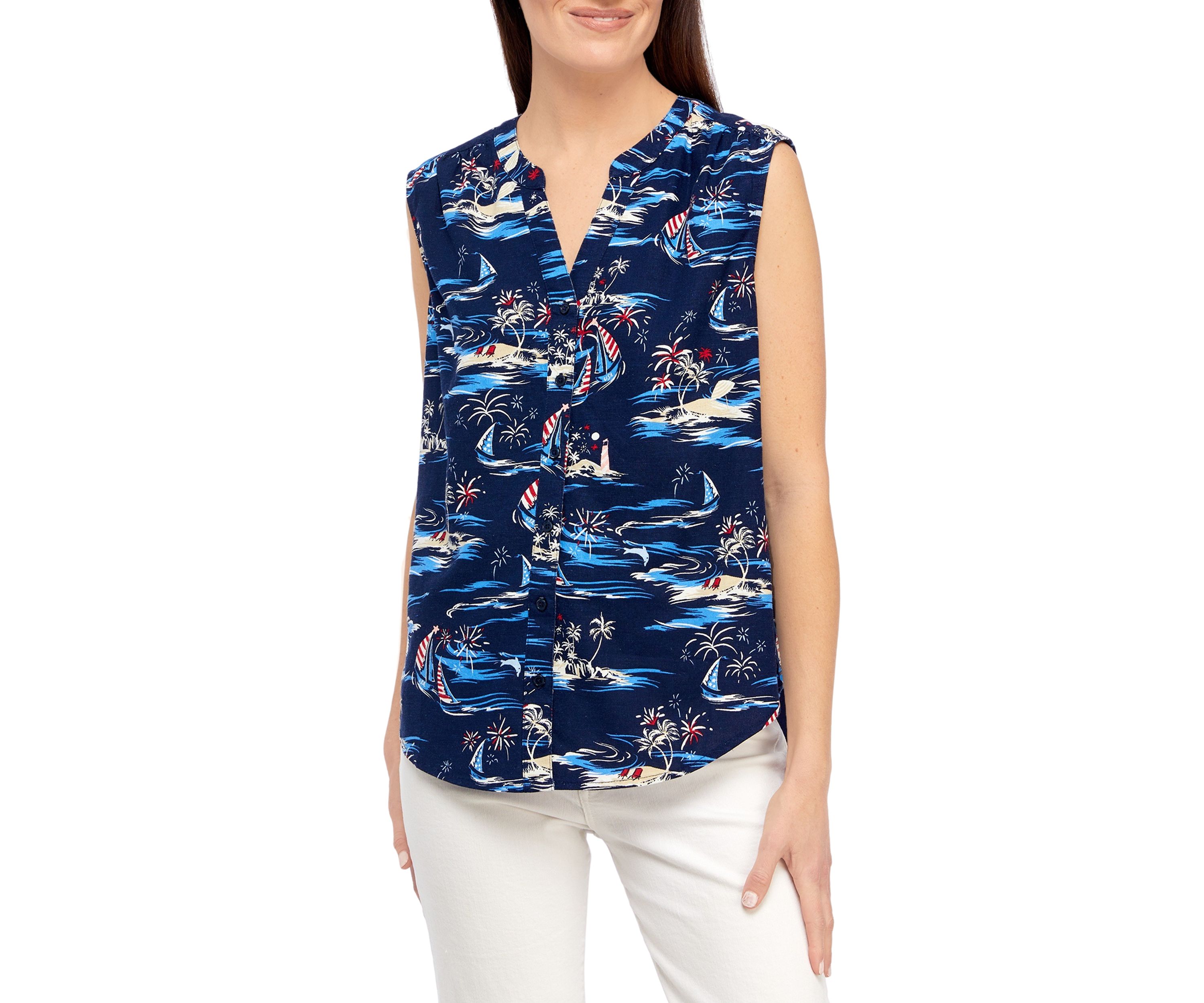 Petite Sleeveless Printed Woven Linen Blouse