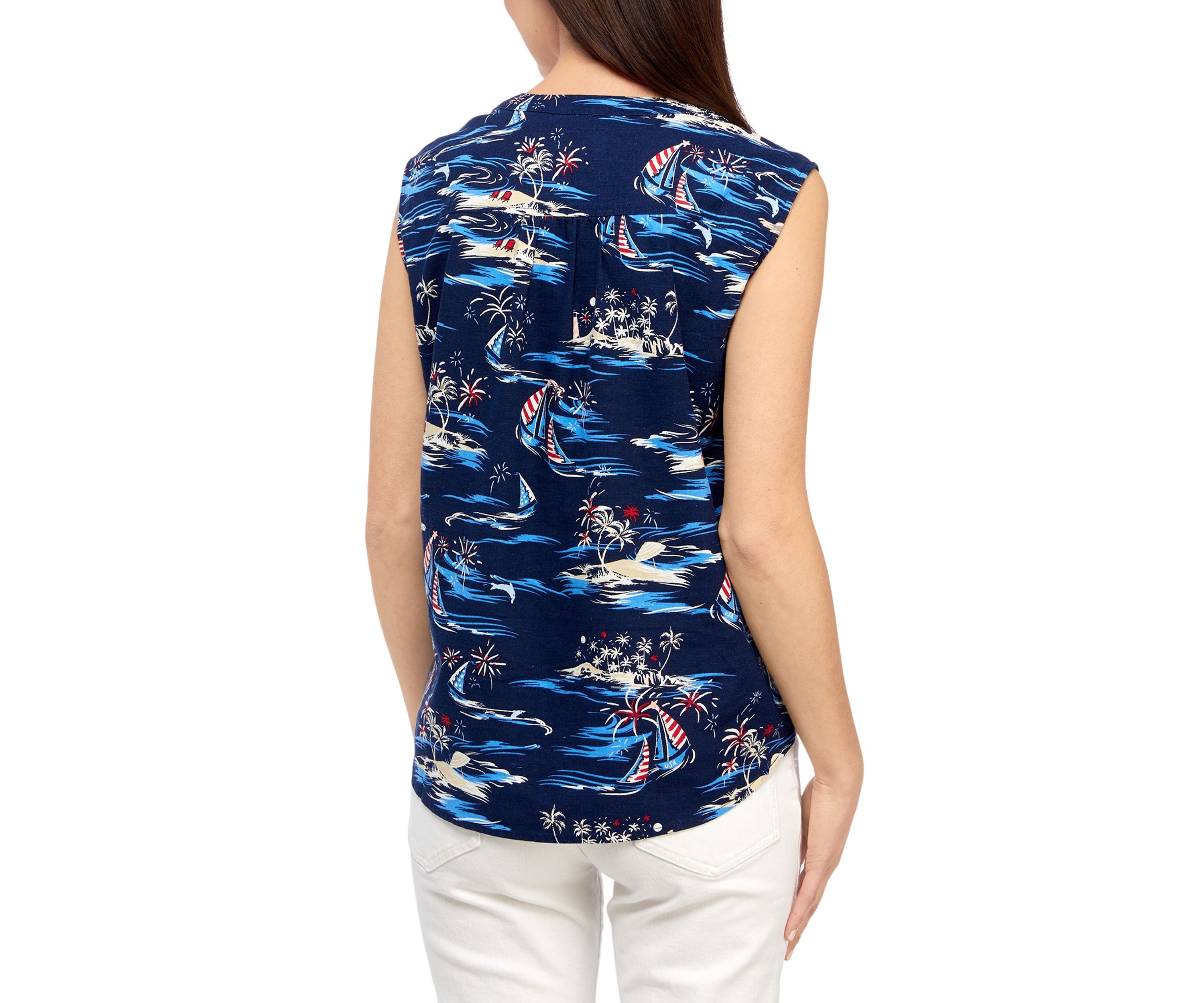 Petite Sleeveless Printed Woven Linen Blouse