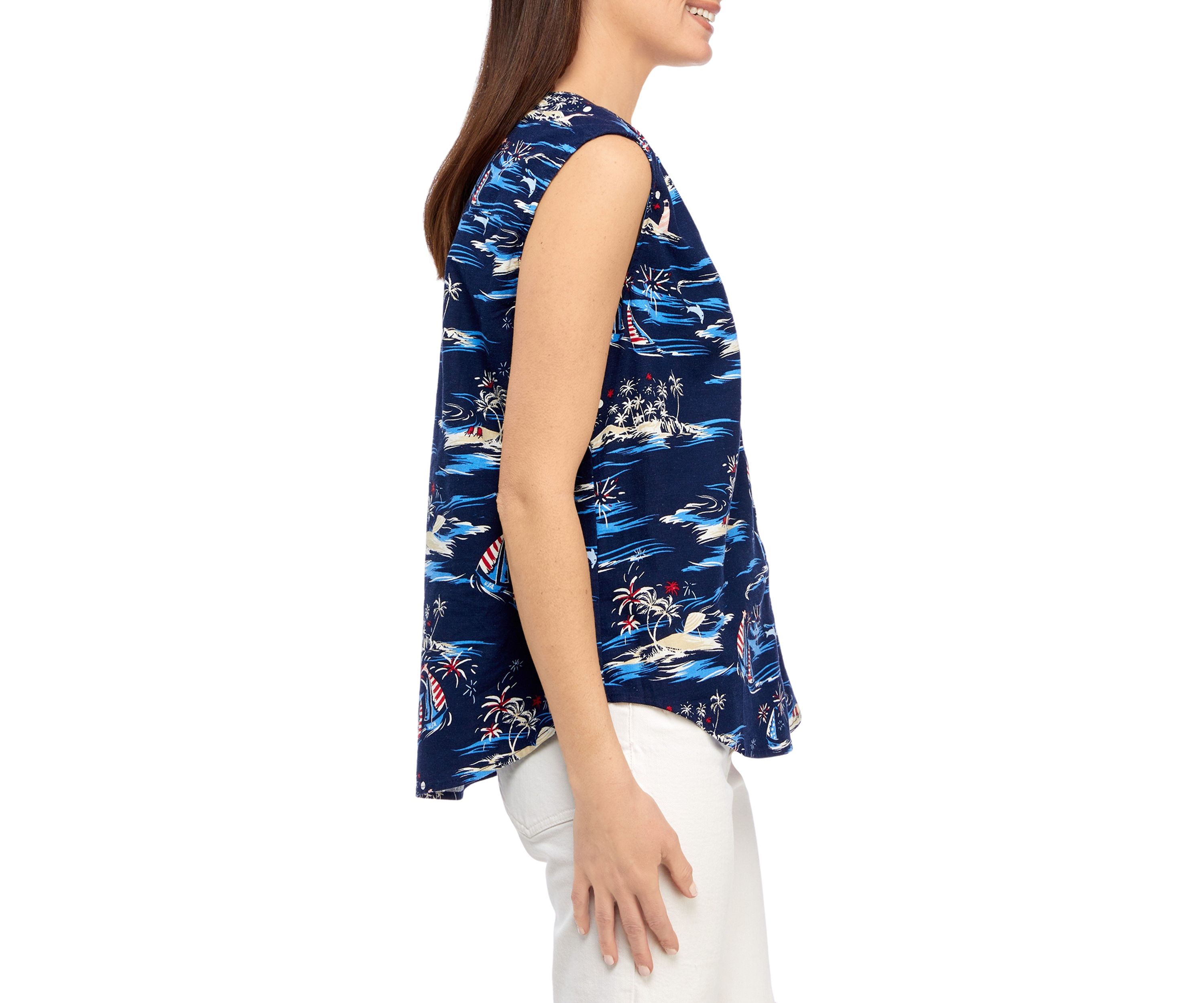 Petite Sleeveless Printed Woven Linen Blouse