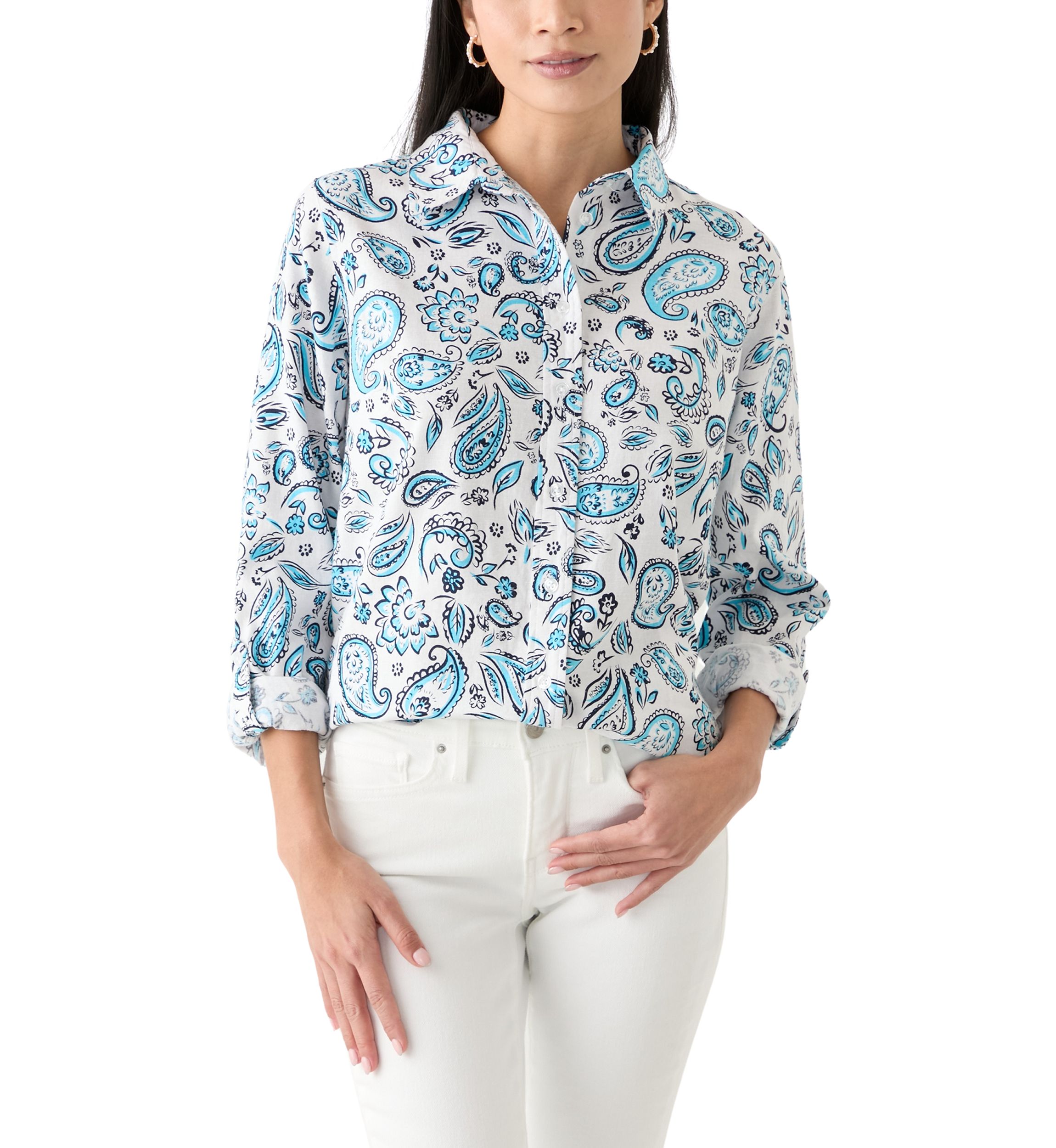 Petite Linen Blend Printed Boyfriend Shirt