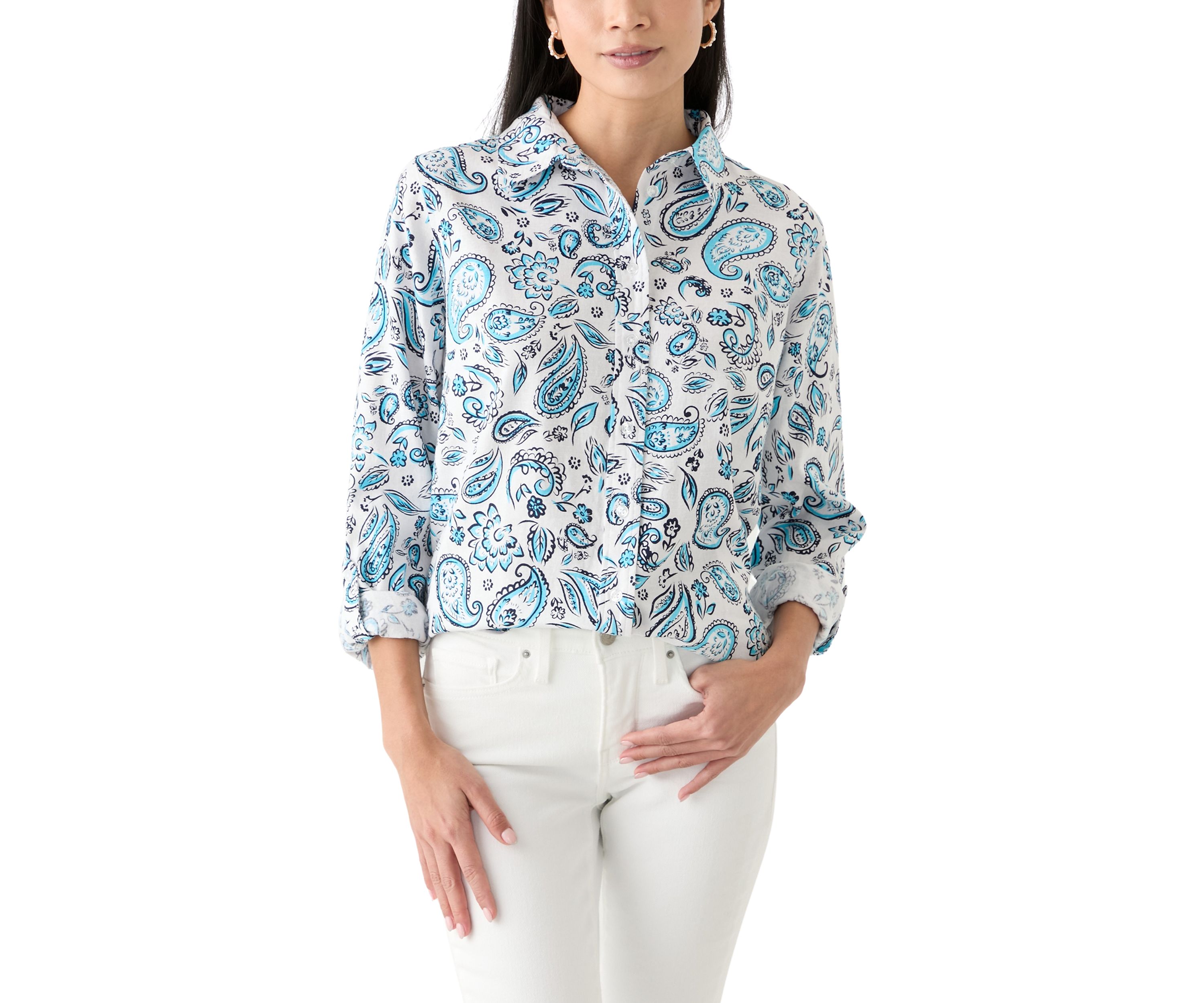 Petite Linen Blend Printed Boyfriend Shirt