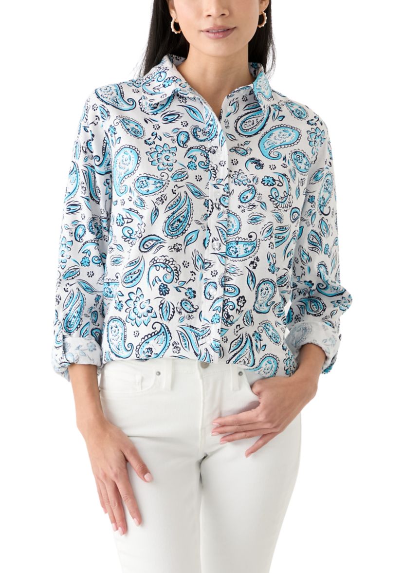 Petite Linen Blend Printed Boyfriend Shirt