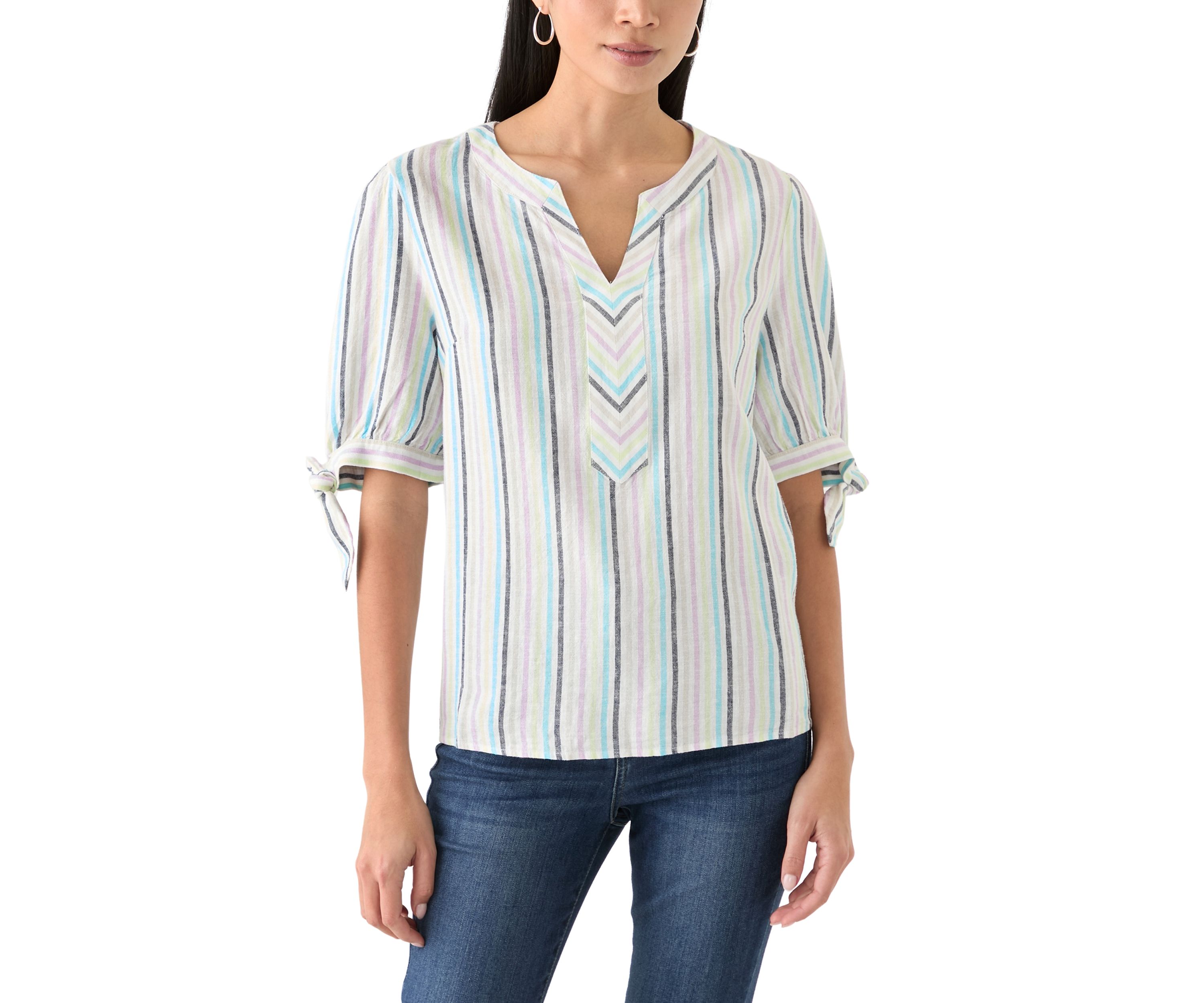 Petite Elbow Sleeve Tie Detail Linen Top 