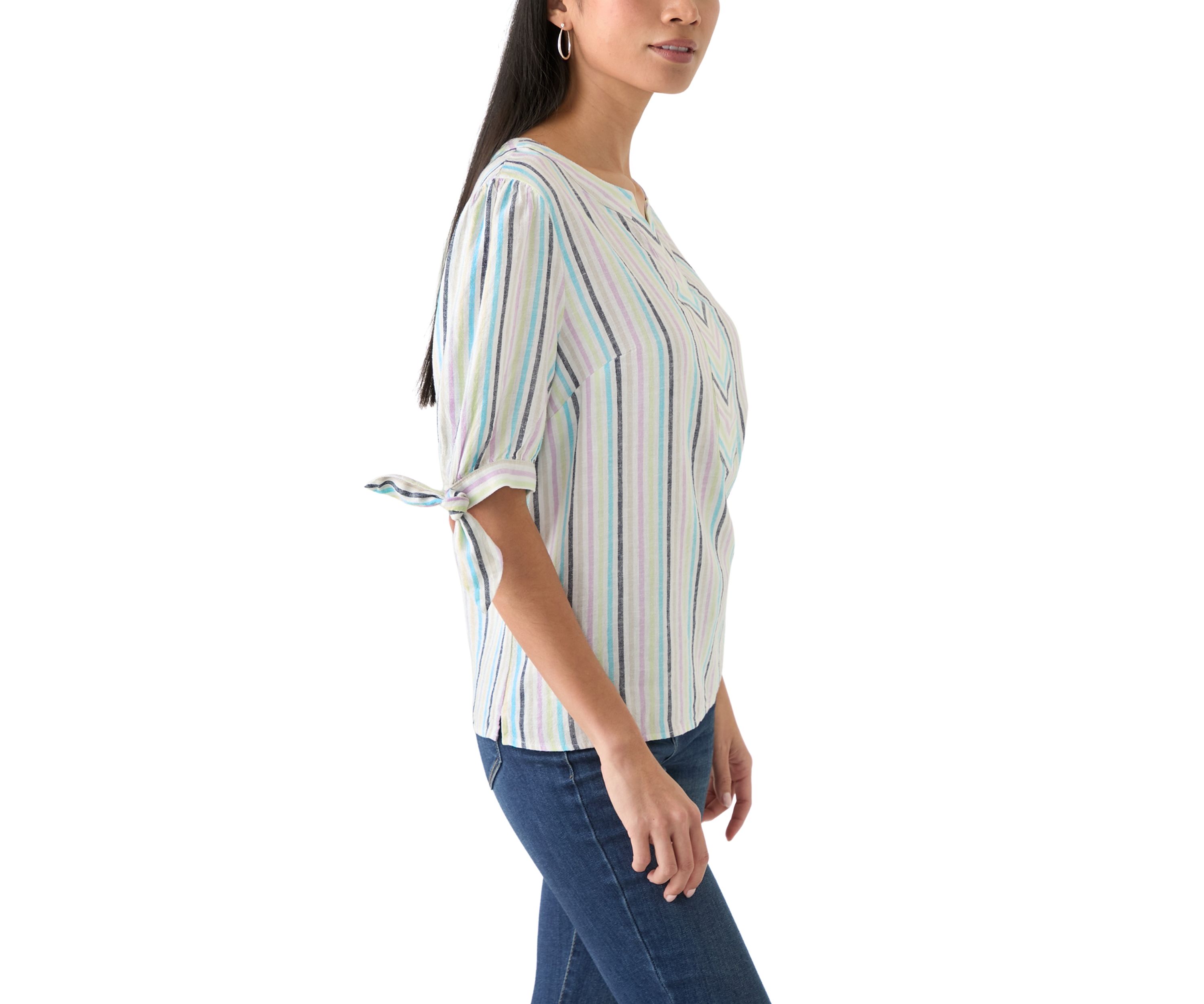 Petite Elbow Sleeve Tie Detail Linen Top 