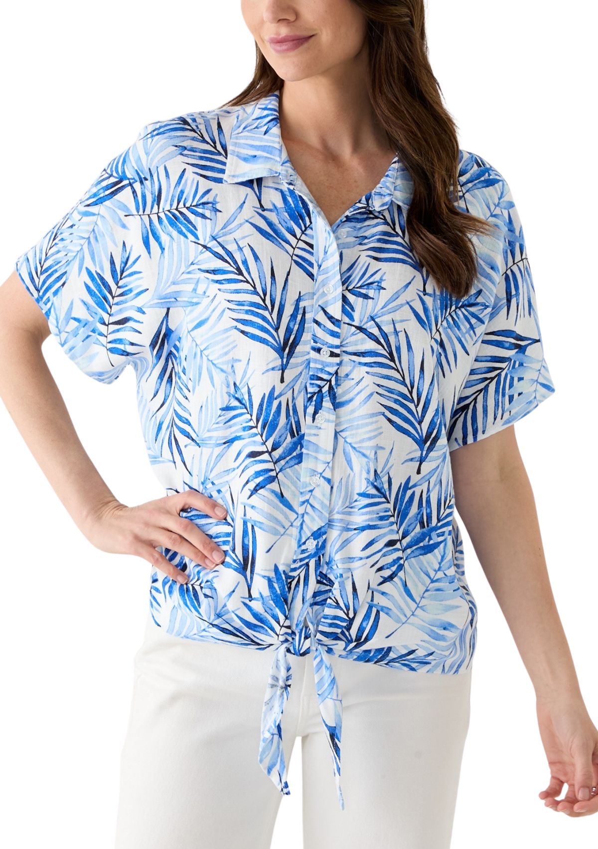 Petite Printed Button Down Tie Front Top 