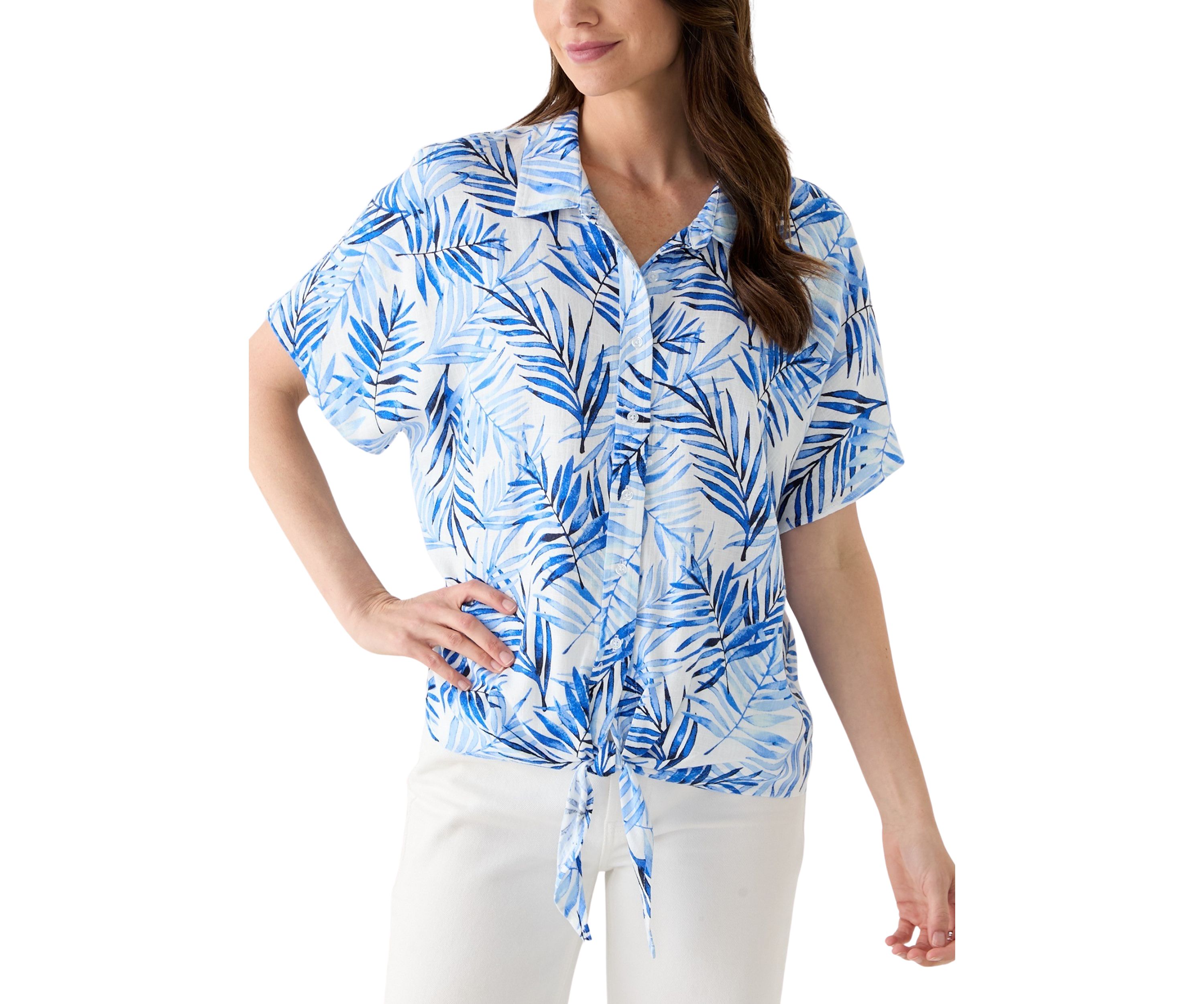 Petite Printed Button Down Tie Front Top 
