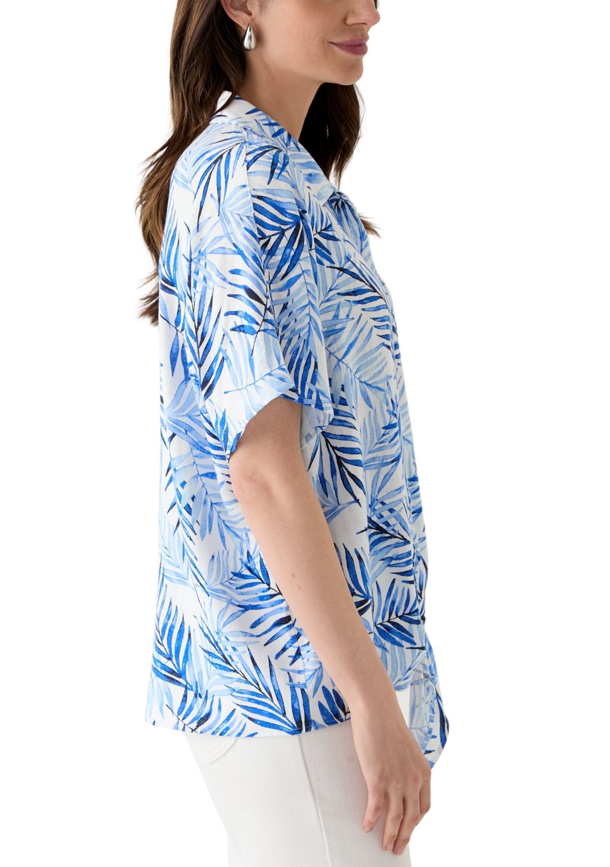 Petite Printed Button Down Tie Front Top 