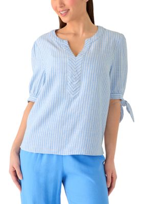 Kim Rogers Women's Petite Elbow Sleeve Tie Detail Linen Top, PXL