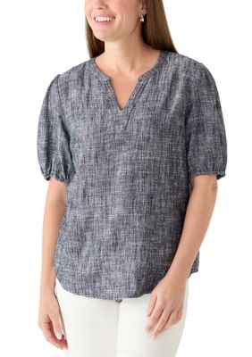Kim Rogers Women's Petite Elbow Sleeve Linen Popover Top, Navy Blue, PXL